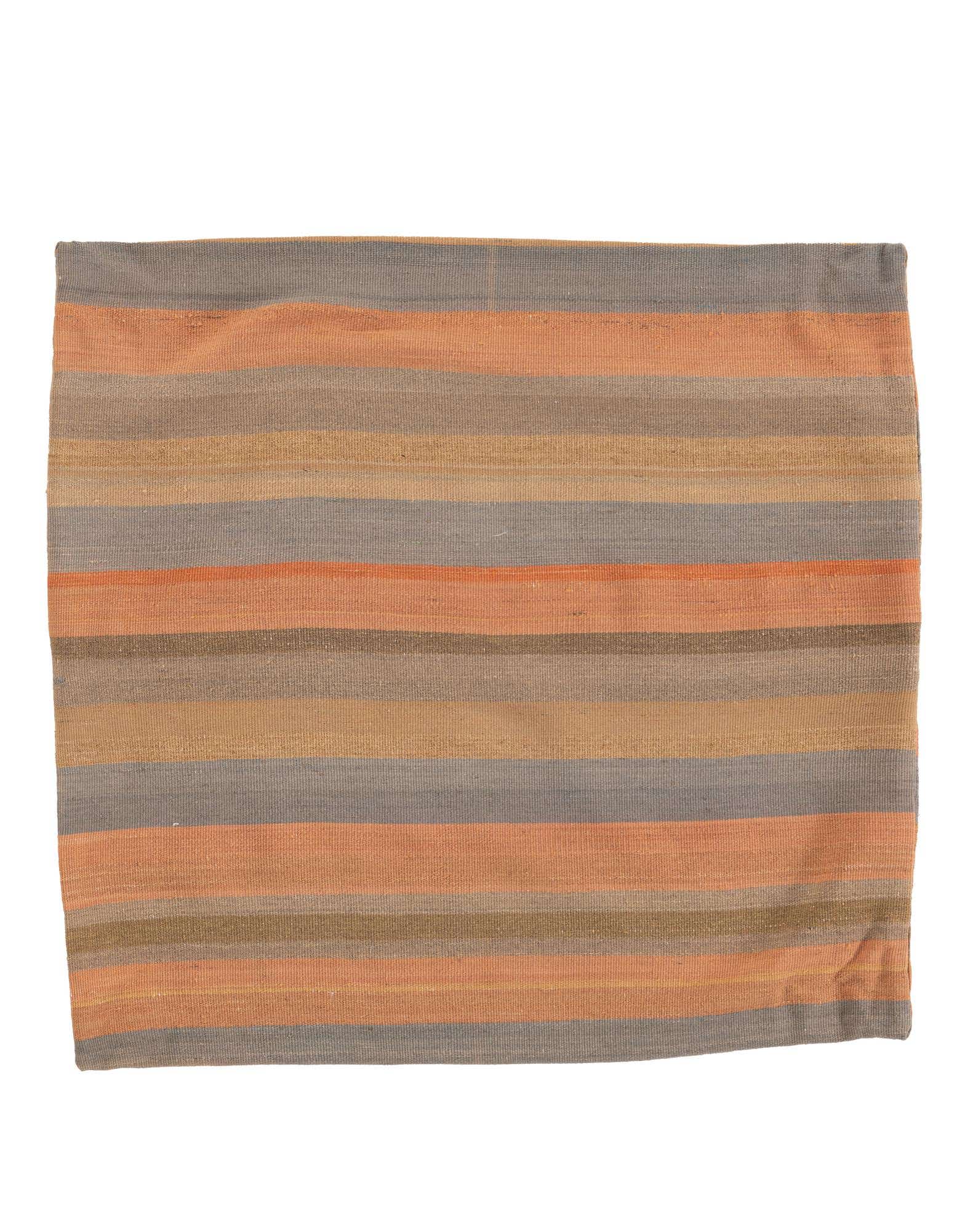 A 3' 2 x 3' 3 square multi-colored wool rug with horizontal stripes in shades of orange, brown, and gray.