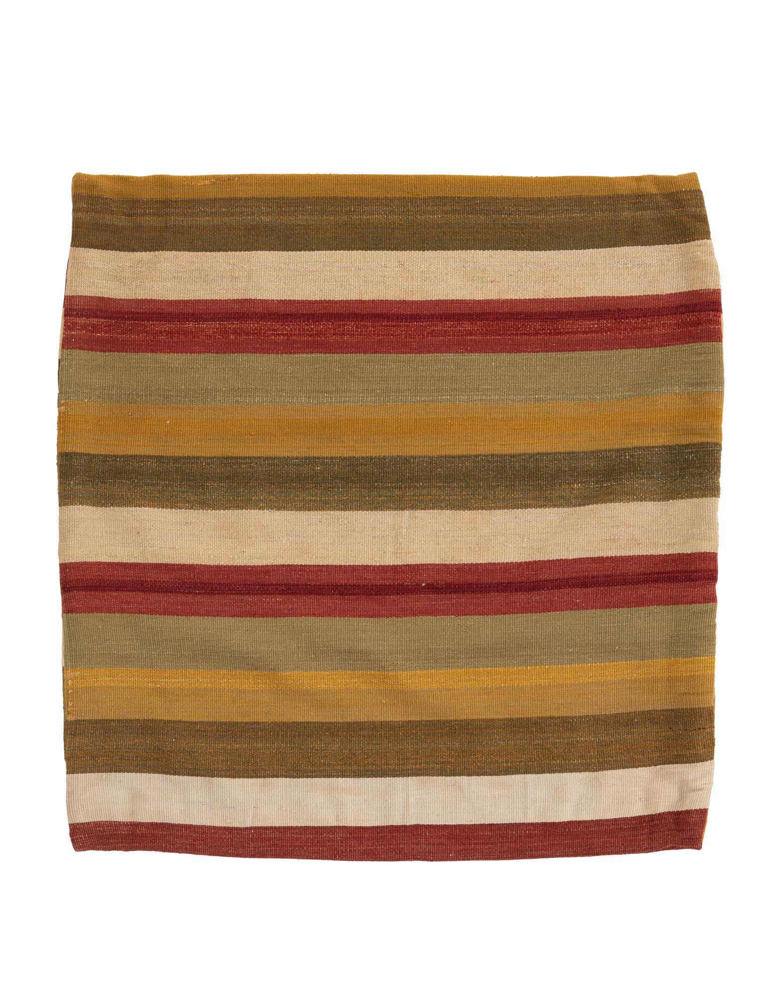 A square, multi-colored wool rug with horizontal stripes in shades of red, green, gold, and cream.