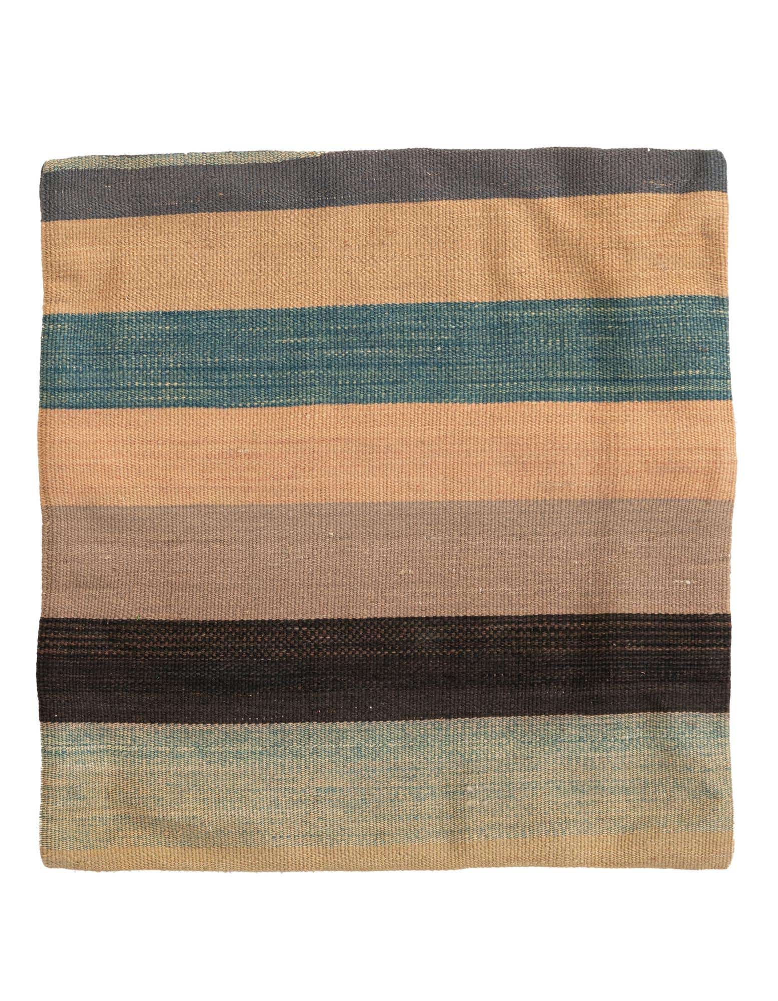 A square 1' 8 x 1' 8 multi-colored Persian wool rug with horizontal stripes in shades of beige, teal, brown, and black.