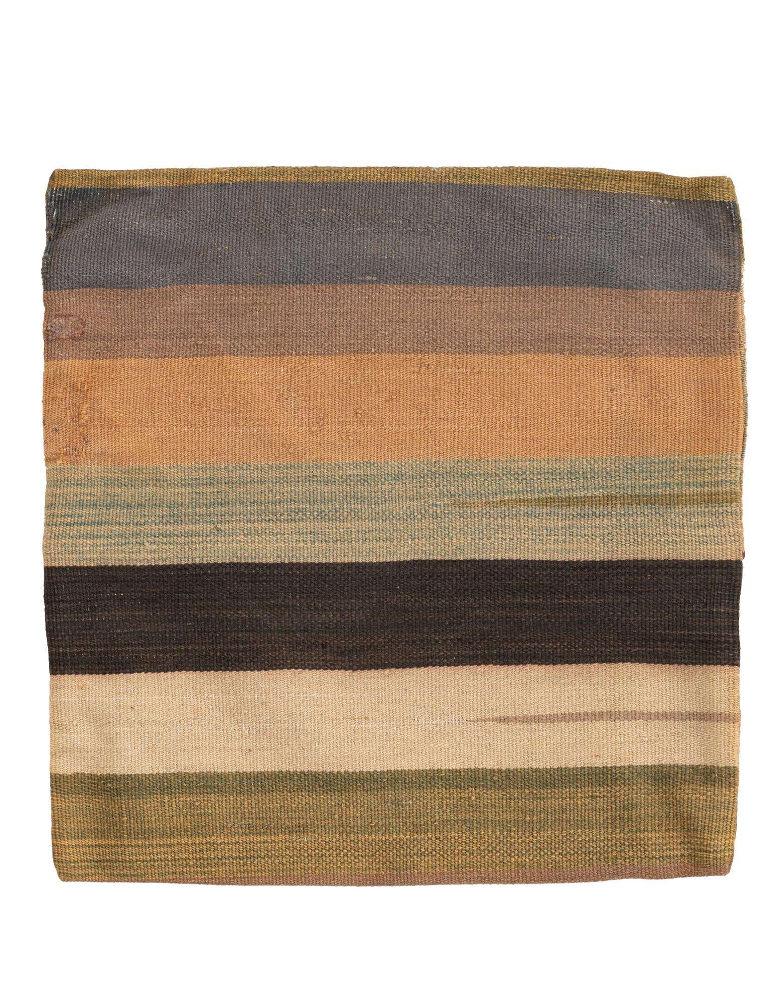 A square, multi-colored wool rug with horizontal stripes in shades of brown, beige, green, and black.