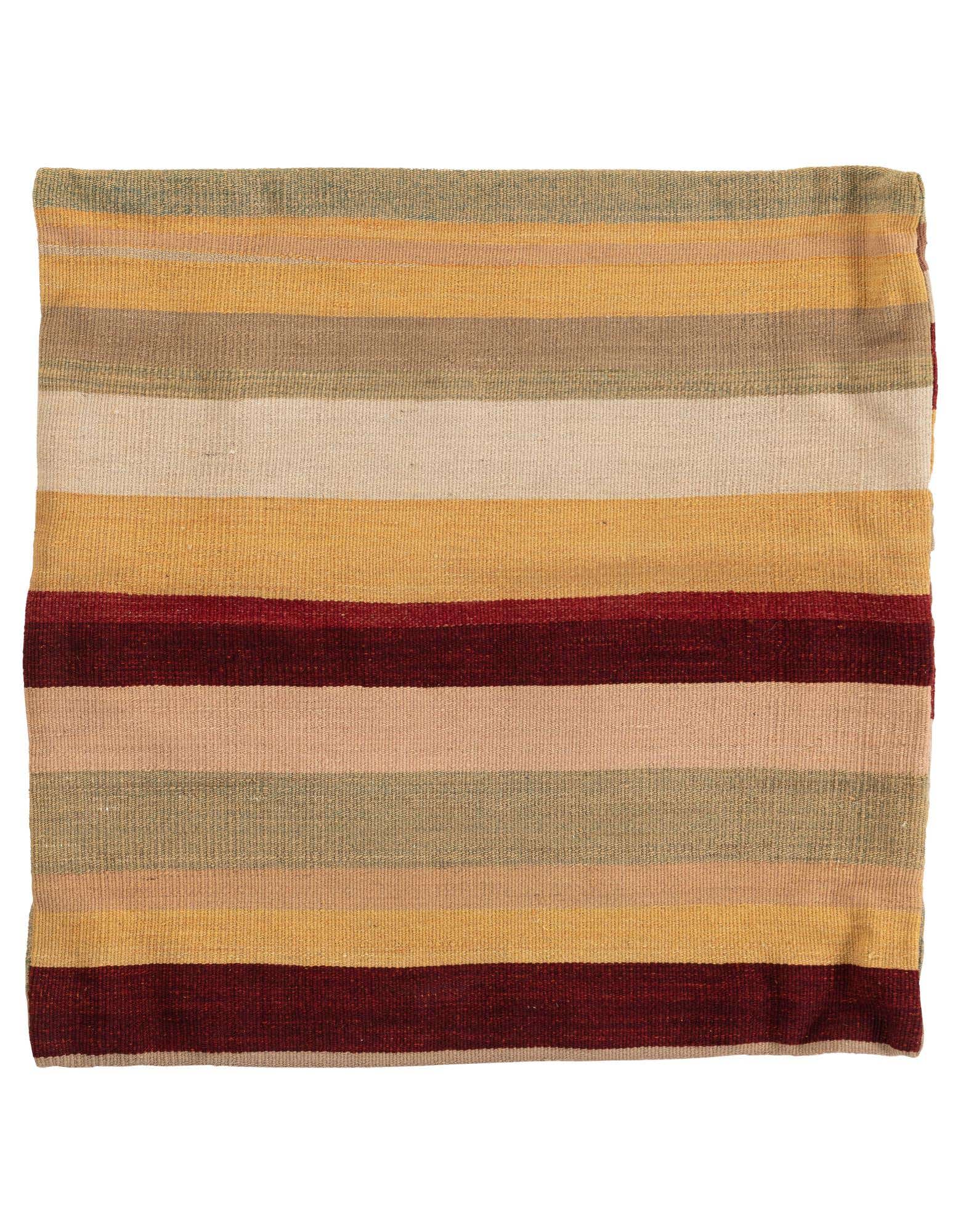 A 2' 5 x 2' 5 square multi-colored wool rug with horizontal stripes in shades of red, beige, green, and gold.