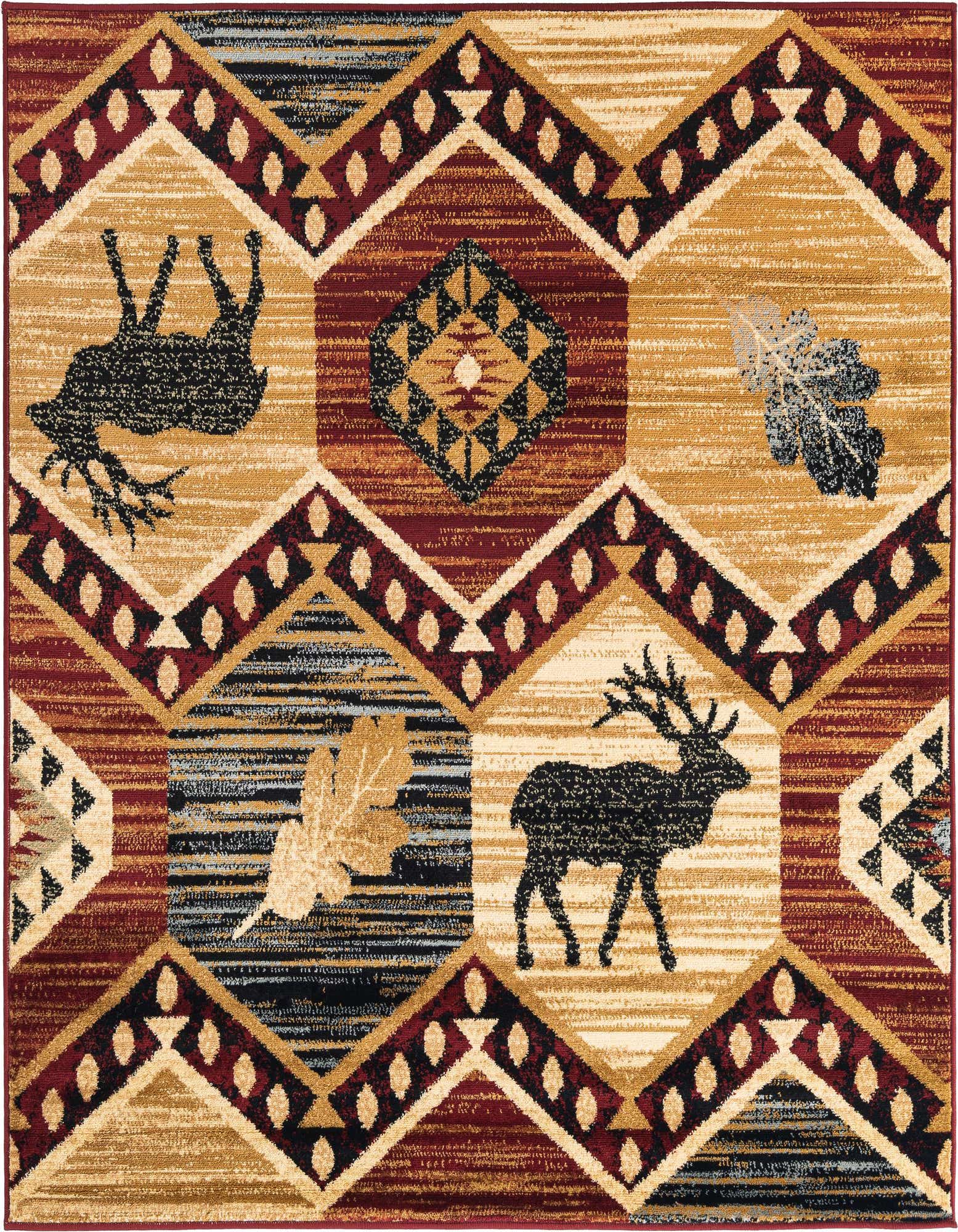 A square multi-colored tribal rug featuring deer and leaf motifs in shades of red, gold, black, and blue.