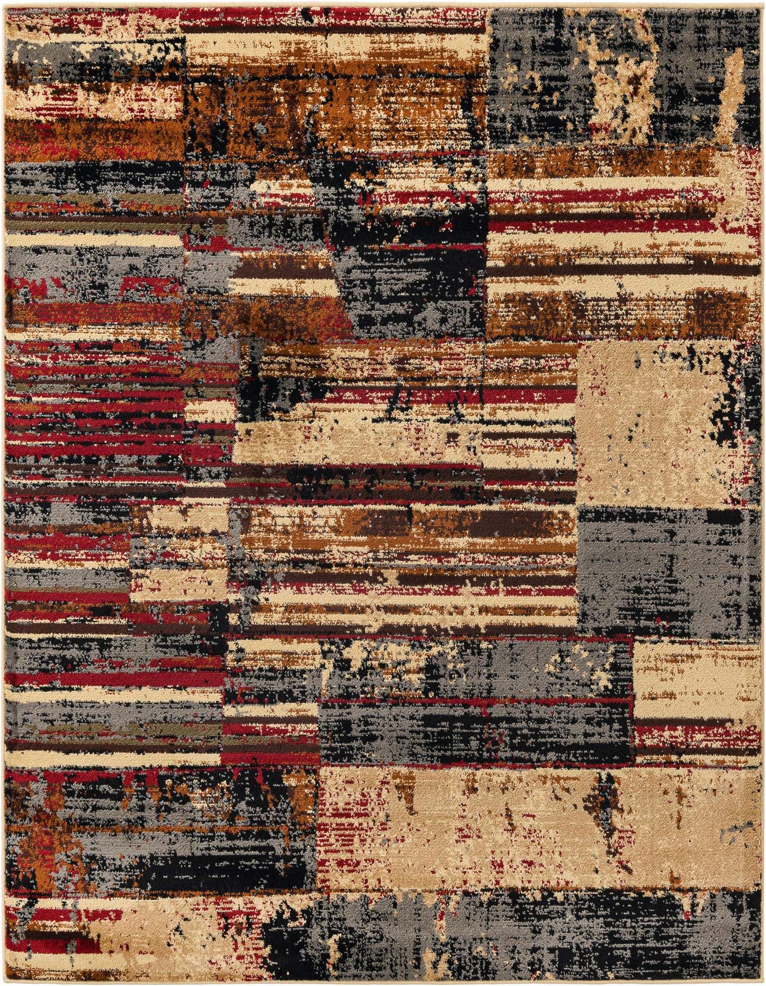 A 5' 3 x 5' 3 square multi-colored modern rug with a distressed stripe pattern in red, black, brown, and beige.
