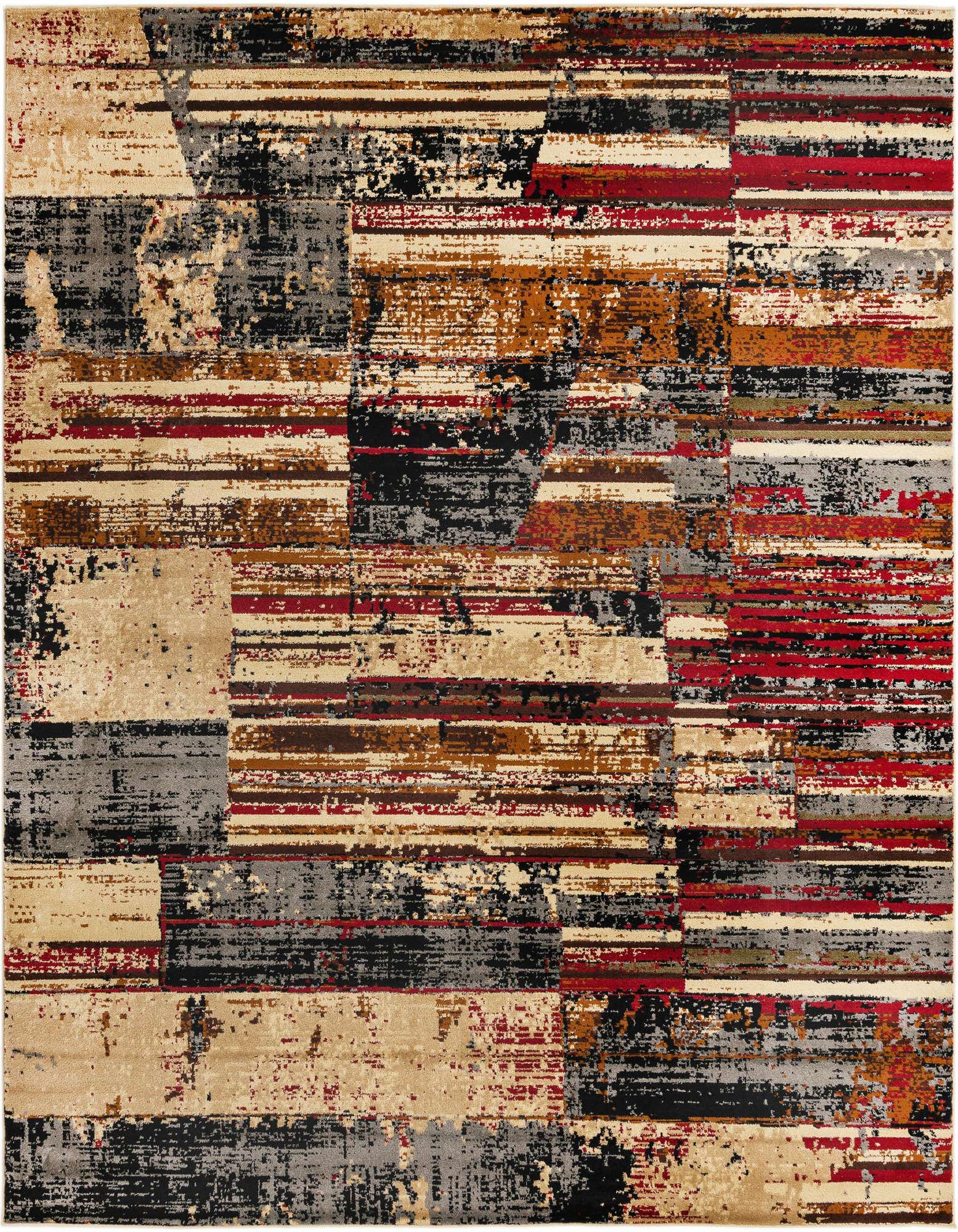 A square multi-colored modern rug with a distressed stripe and block pattern in shades of red, black, grey, and beige.