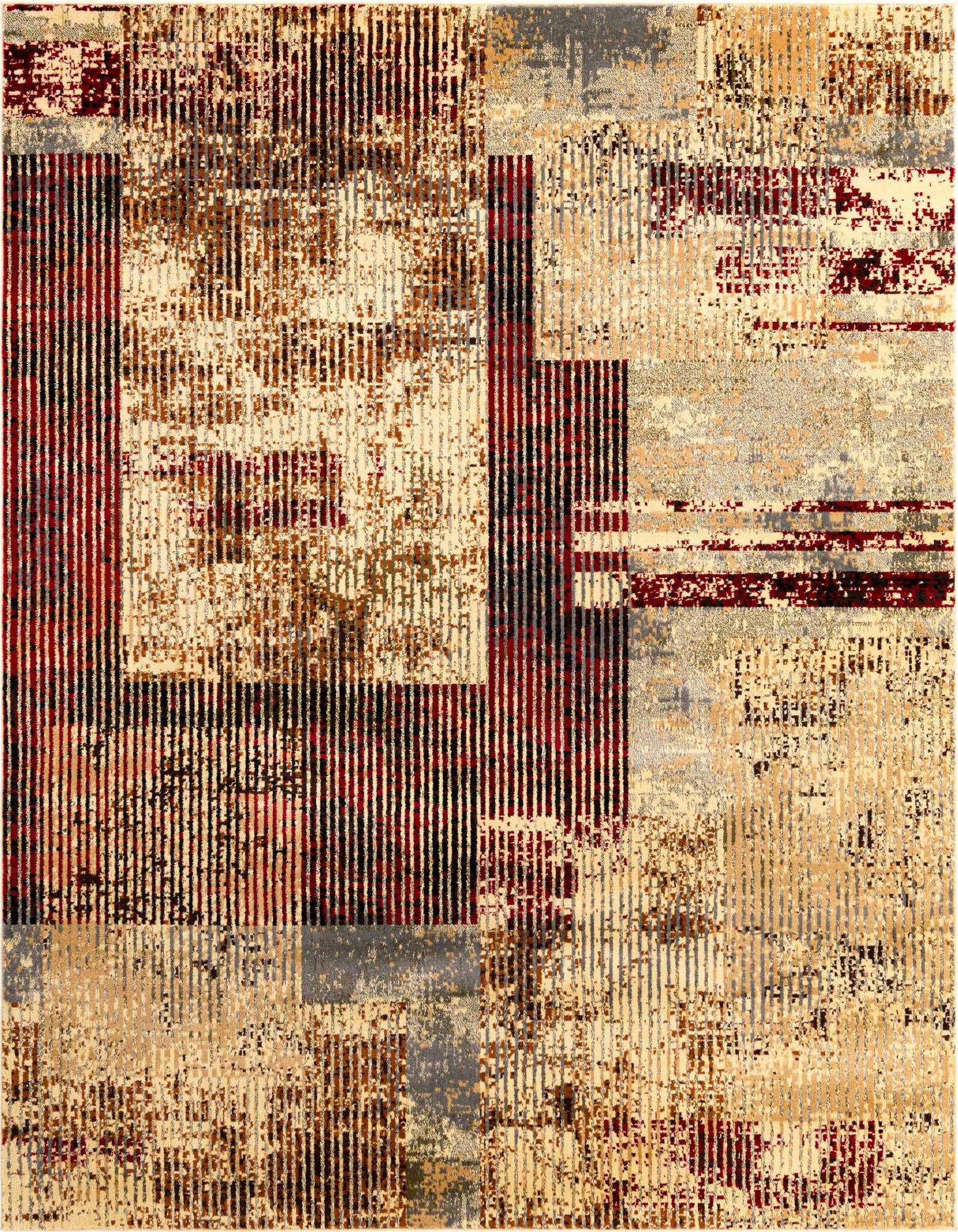 A 7' 10 x 7' 10 square multi-colored modern rug featuring a distressed stripe and abstract block pattern in shades of cream, red, brown, and grey.