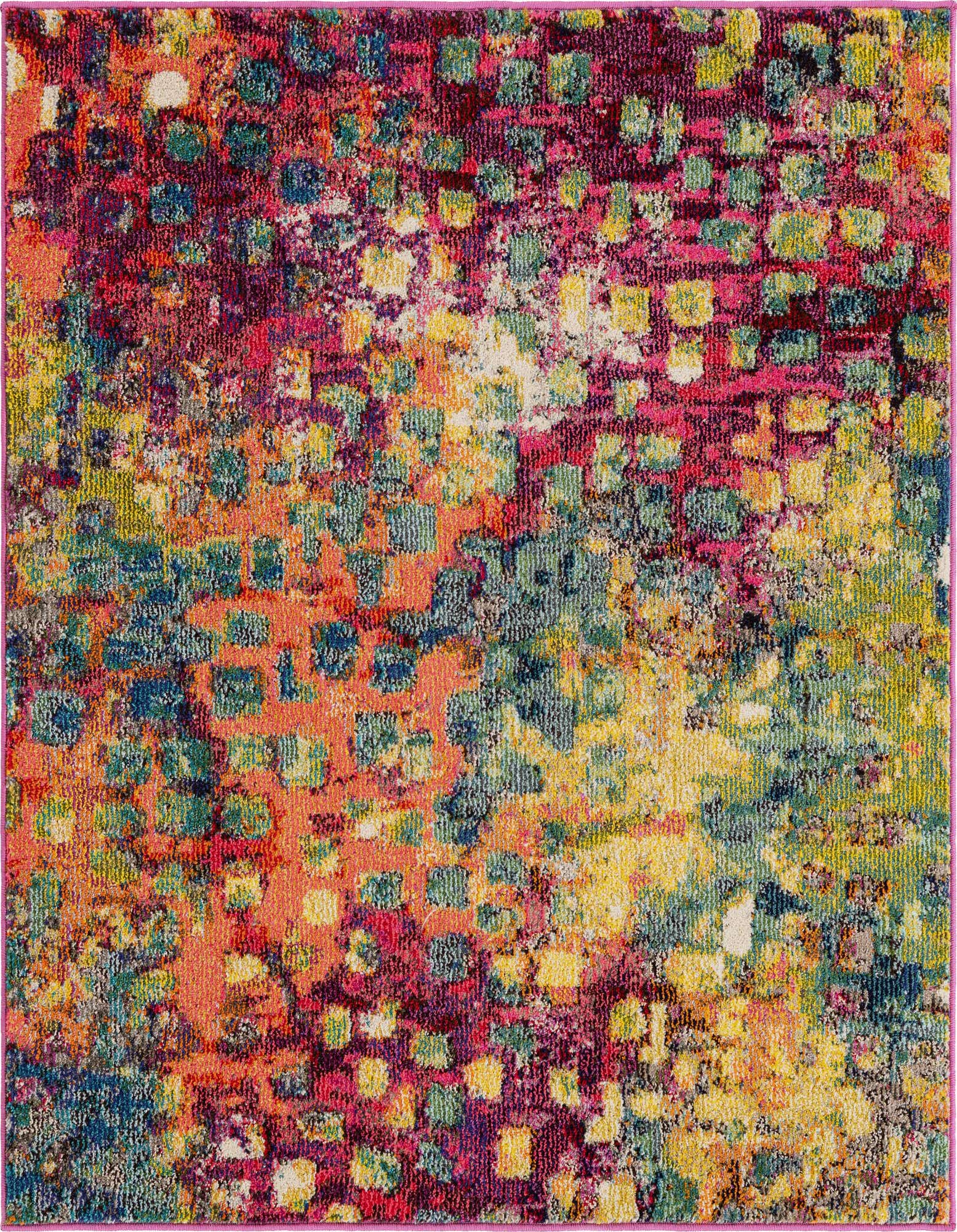 A vibrant multi-colored square rug with an abstract, eclectic pattern featuring various shades of pink, yellow, blue, and orange.