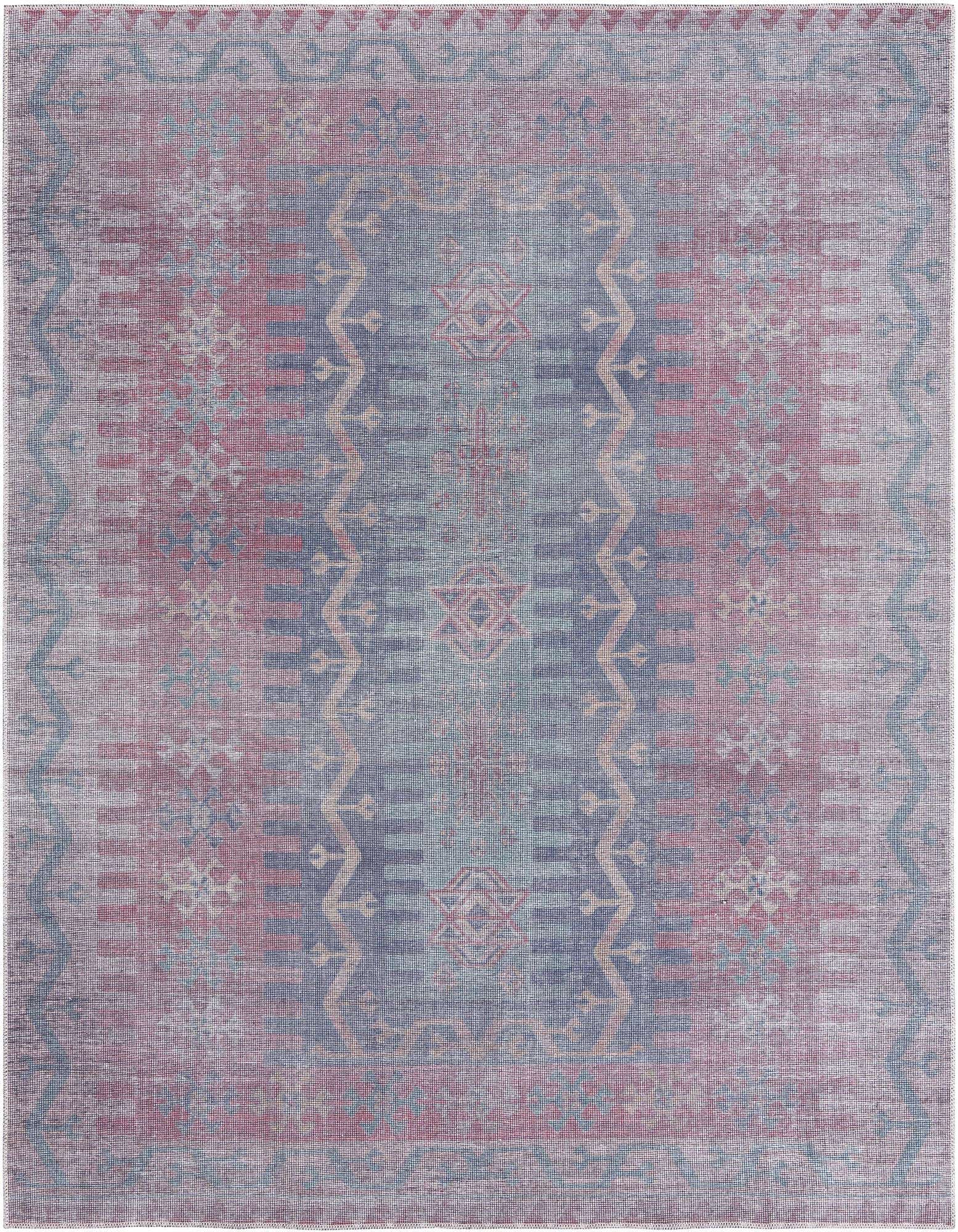 A square 7' 10 x 7' 10 Sisu rug featuring a faded multi-colored traditional tribal medallion pattern in blues, reds, and purples.