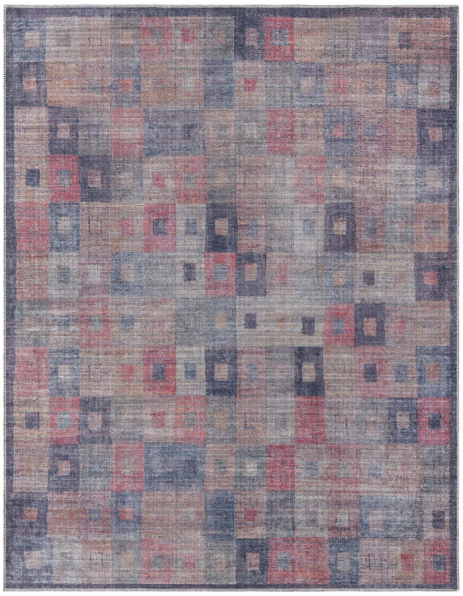 A 7' 3 x 7' 3 square Sisu rug with a multi-colored modern geometric pattern featuring squares and rectangles in shades of blue, red, and beige.