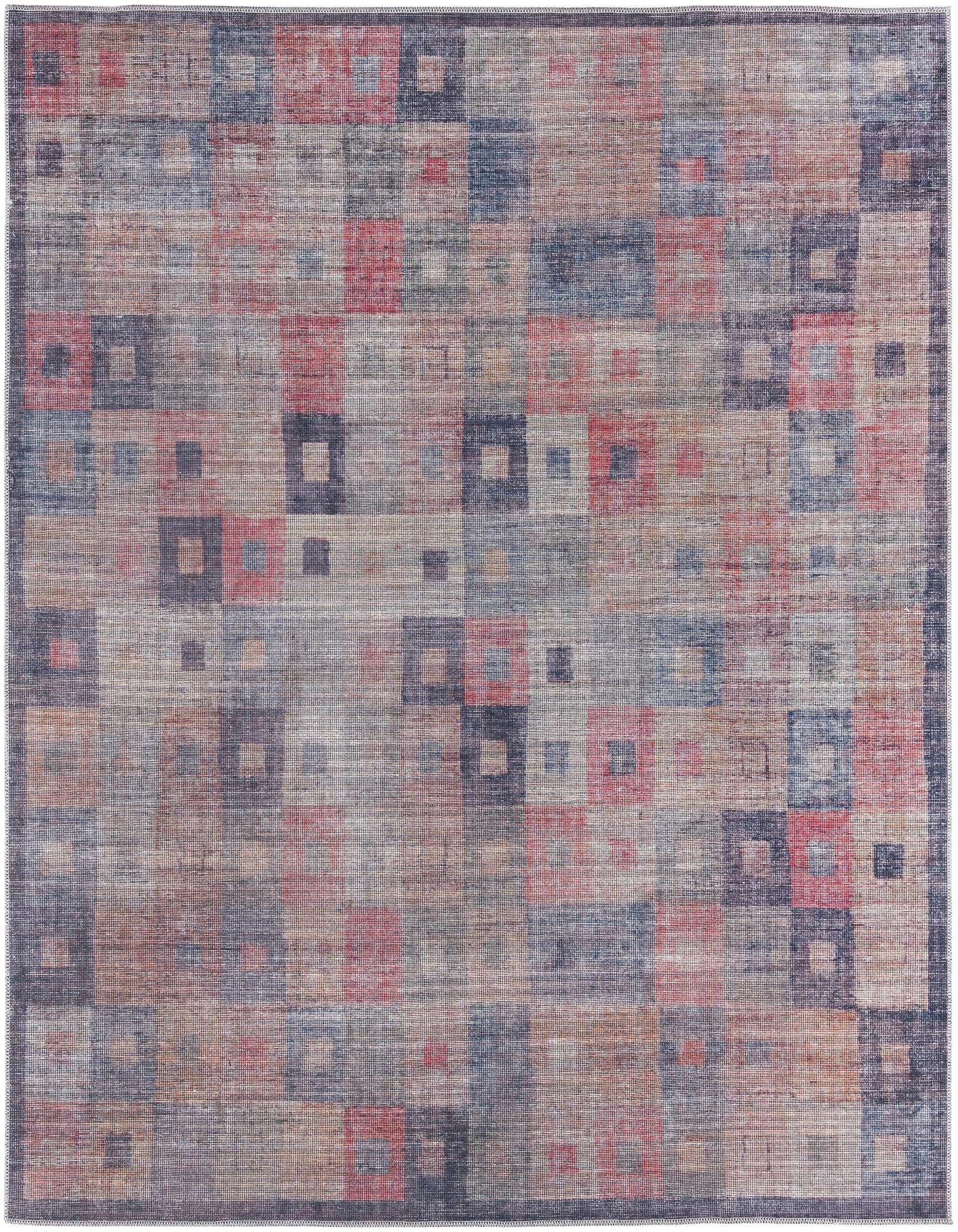 A 7' 10 x 7' 10 square multi-colored rug with a modern abstract pattern of faded squares, ideal for an indoor living space.