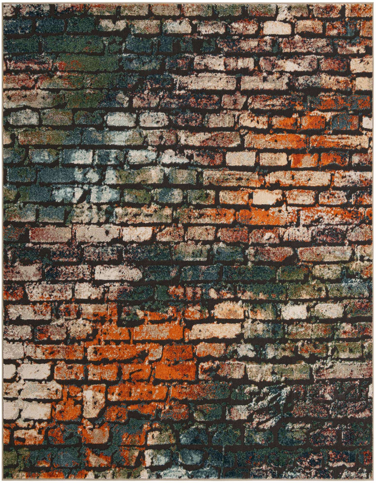 A square multi-colored rug with a distressed brick wall pattern, featuring shades of orange, green, and black.