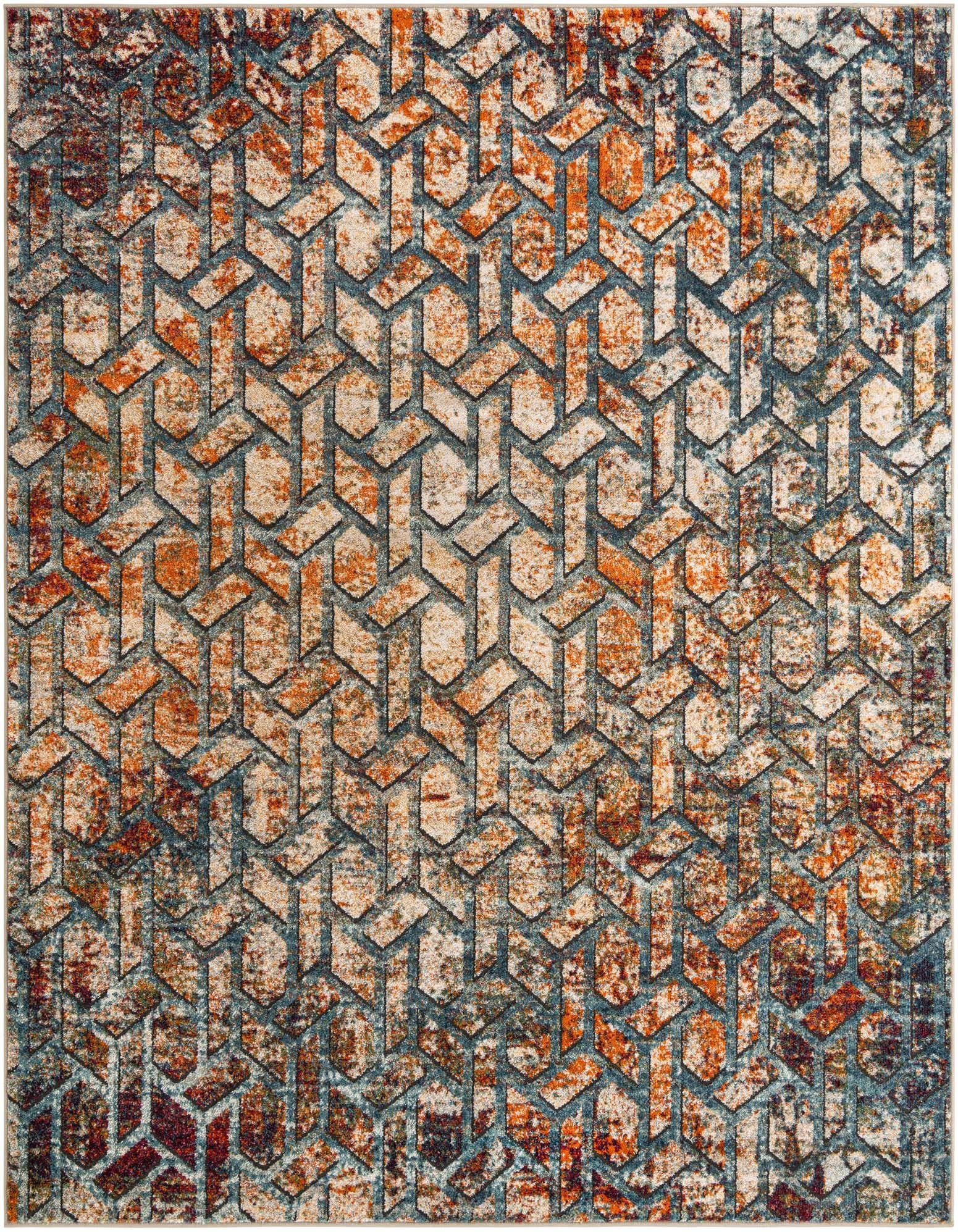 A square multi-colored rug with an abstract geometric pattern in shades of orange, blue, and cream, suitable for a patio.