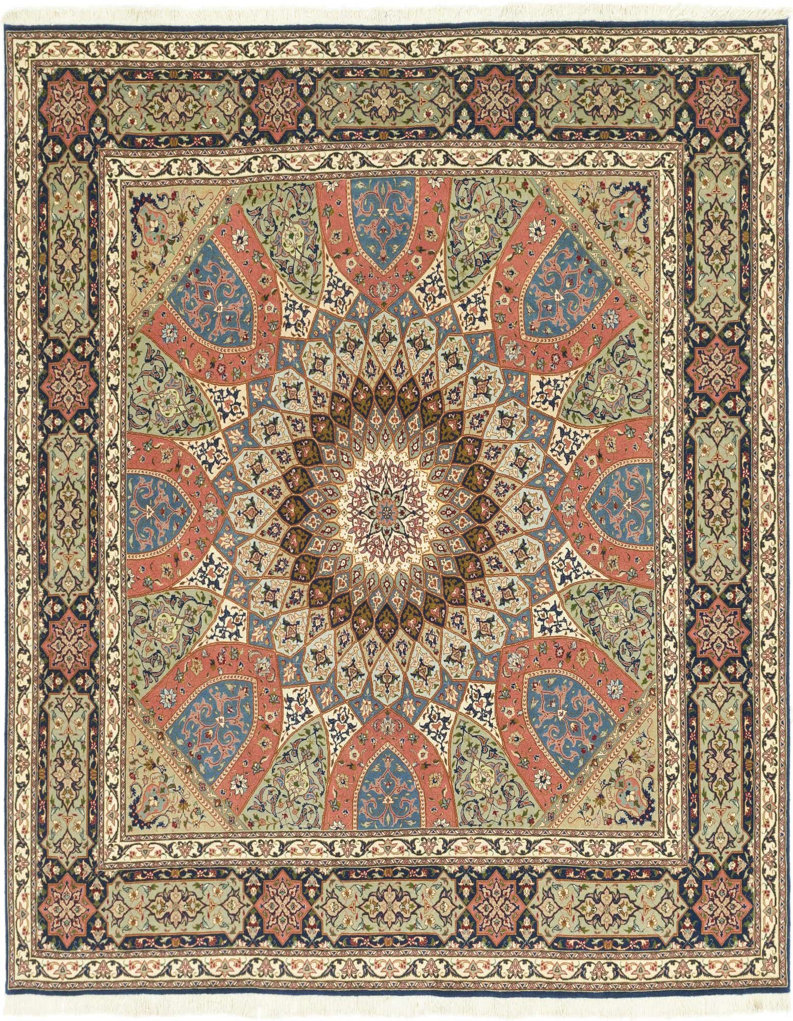 A multi-colored 8' 3 x 8' 5 square Persian Tabriz rug featuring a central medallion and intricate floral patterns in traditional hues.