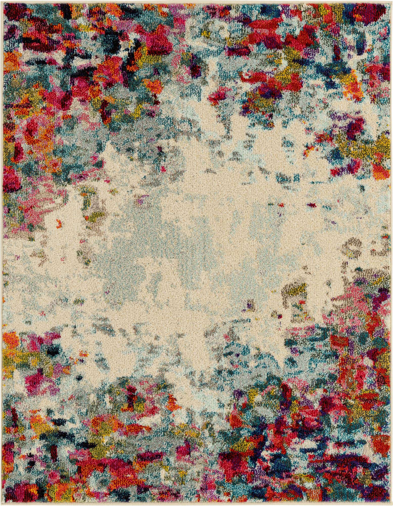 A 4'x4' square multi-colored transitional rug with an abstract floral pattern and a light beige center.