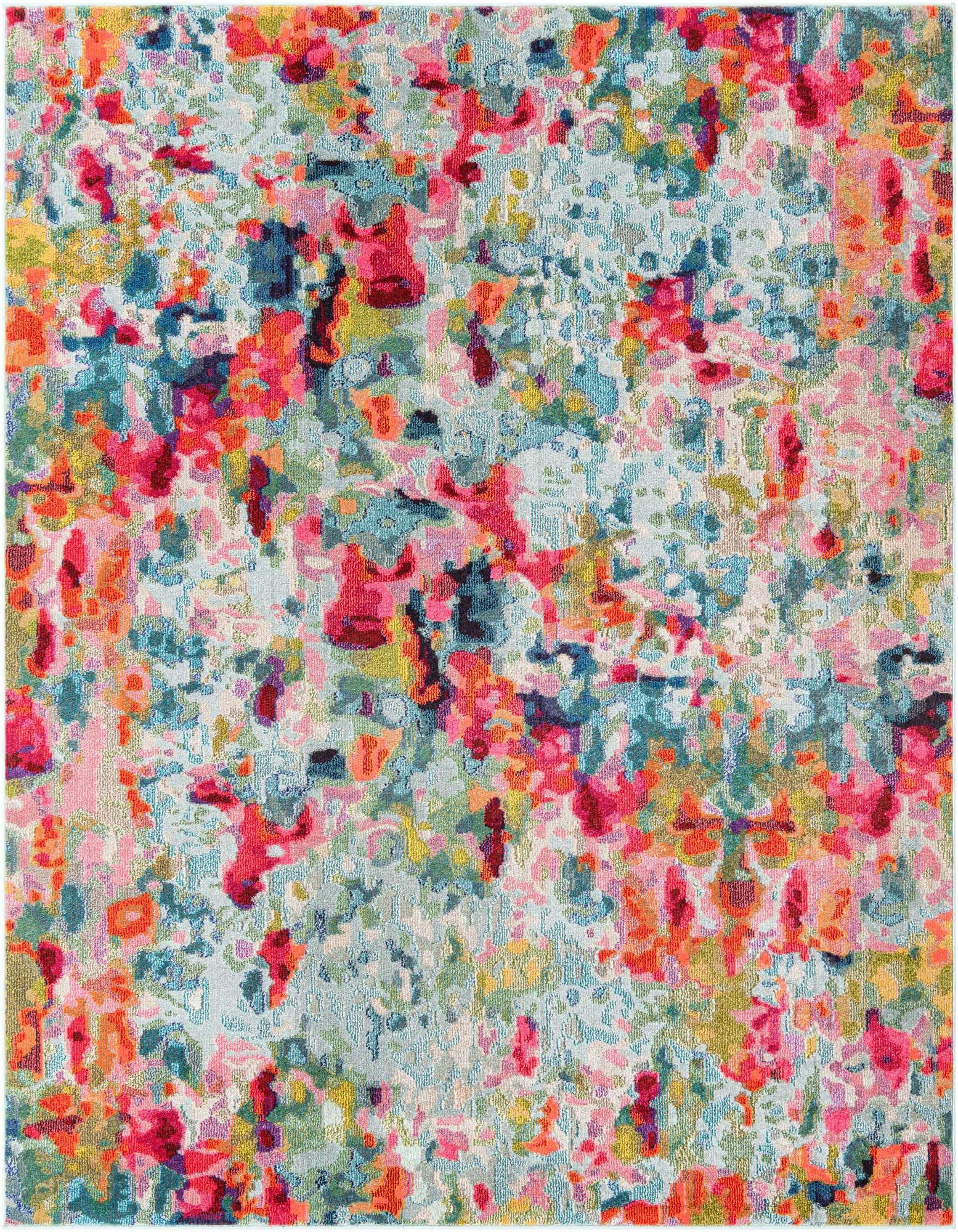 A vibrant 7' 10 x 7' 10 square multi-colored rug with an abstract floral pattern, featuring shades of pink, blue, green, and yellow.