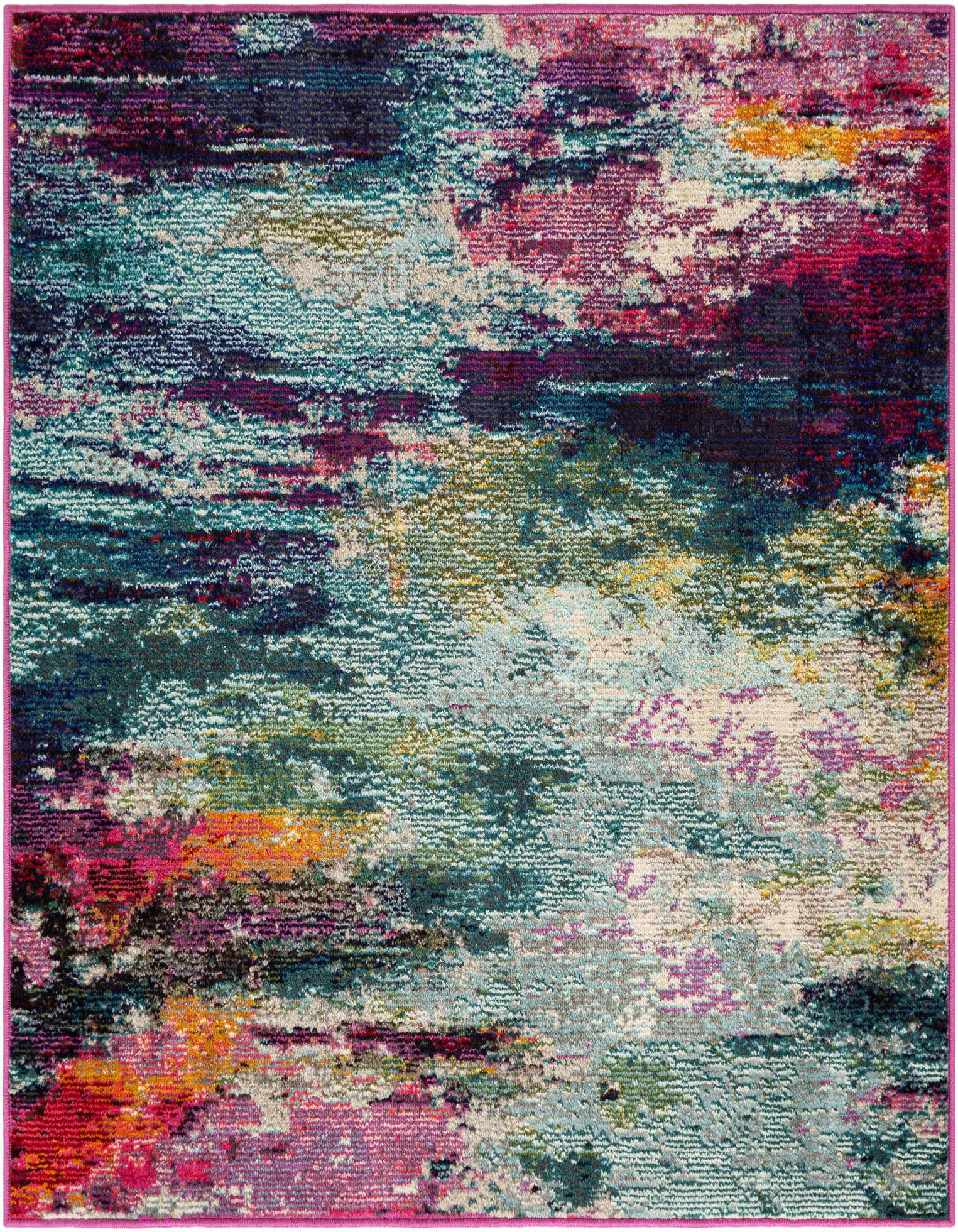 A 4' 1 x 4' 1 square modern area rug featuring an abstract, multi-colored pattern with vibrant hues of teal, fuchsia, purple, orange, and cream.