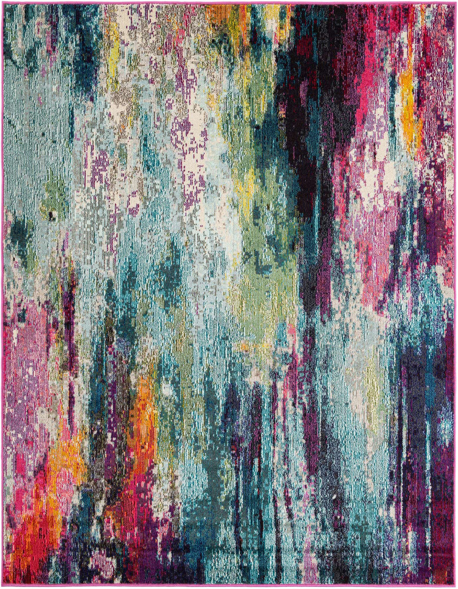 A 6'1" square multi-colored abstract rug featuring vibrant hues of teal, pink, purple, yellow, and orange, with a modern distressed pattern.