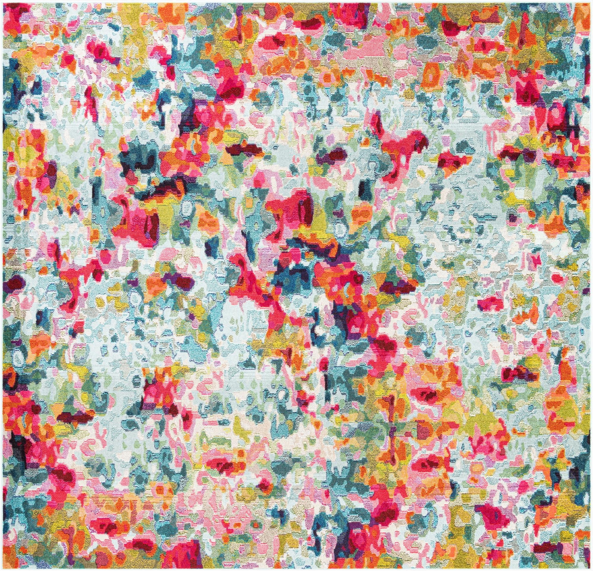 A vibrant multi-colored square rug with an eclectic, modern floral pattern in shades of pink, blue, orange, and yellow.