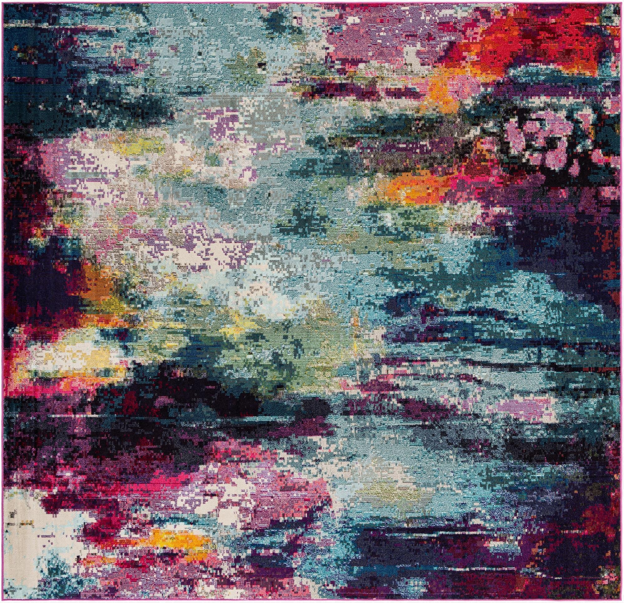 A vibrant 10'x10' square modern area rug featuring an abstract, multi-colored pattern with shades of blue, pink, orange, and purple, suitable for a living room or patio.