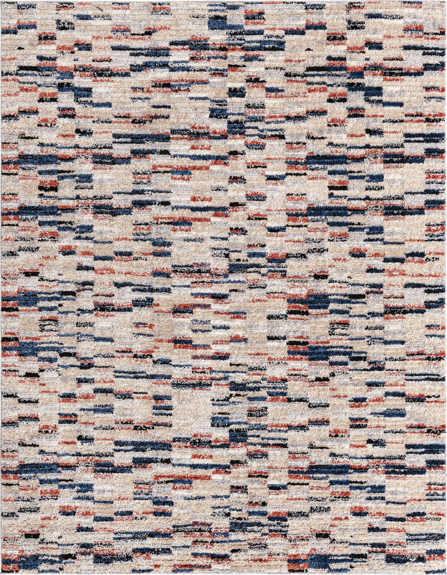 A multi-colored square shag rug featuring a Southwestern stripe pattern in shades of blue, red, black, and beige.