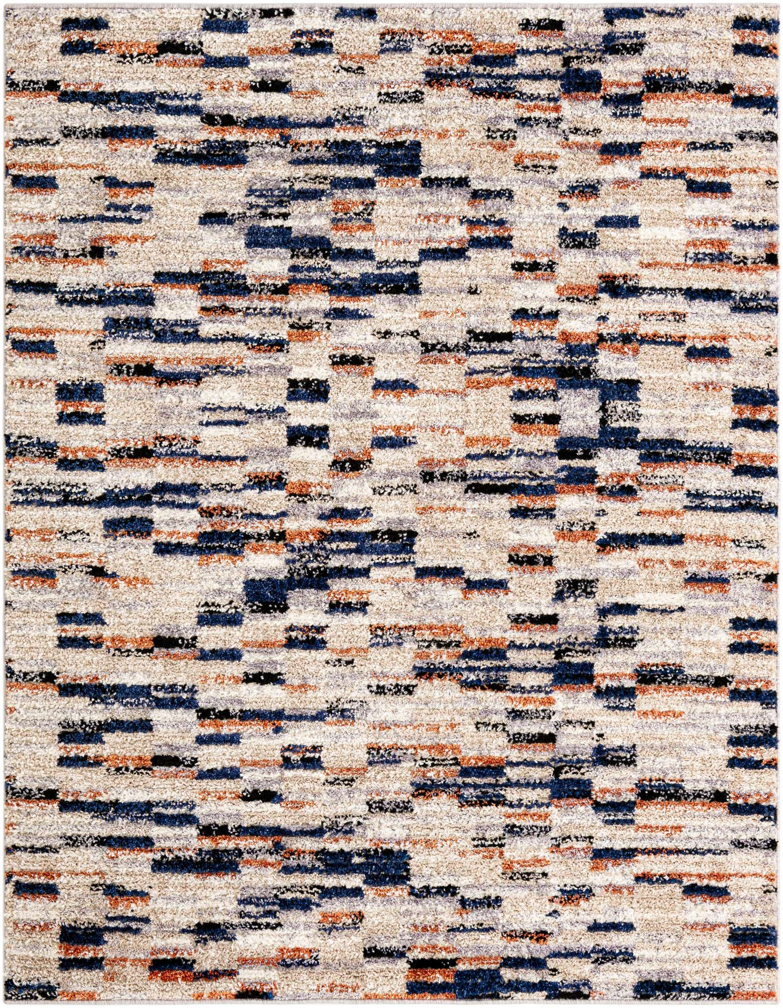 A square multi-colored shag rug with a Southwestern stripe pattern in shades of blue, orange, black, and beige.