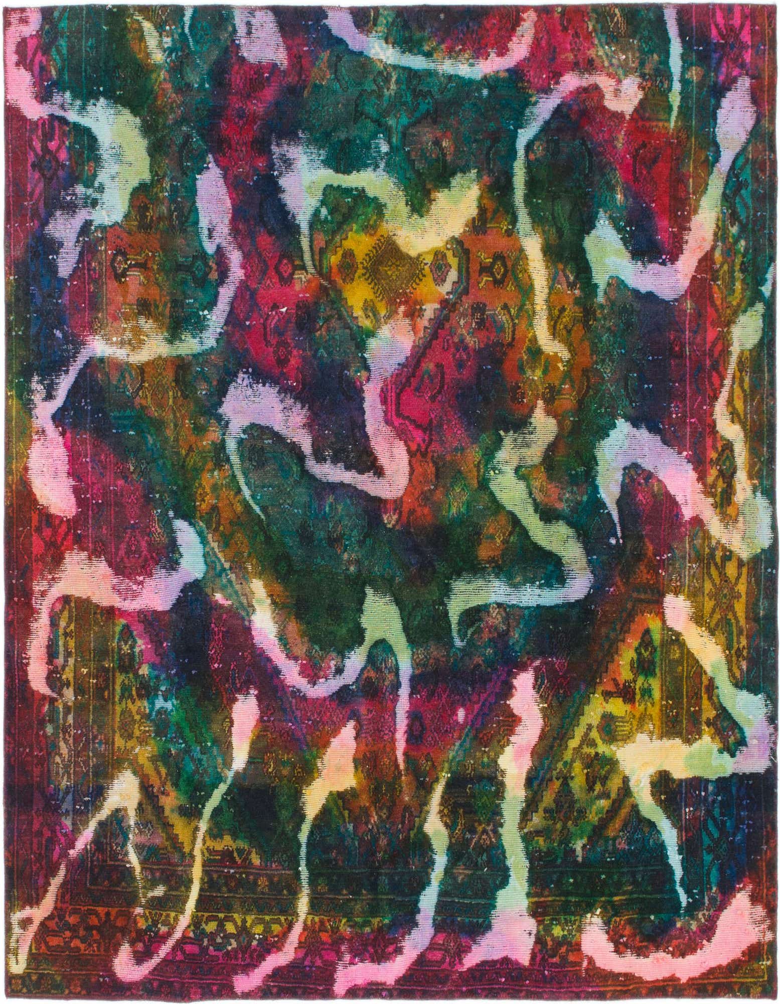 A 6' 6 x 6' 10 square multi-colored wool rug featuring a distressed Persian pattern with vibrant abstract overlays.