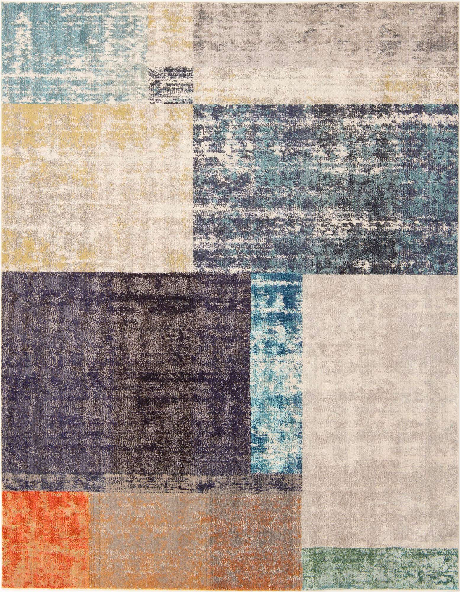 A square multi-colored abstract rug featuring various distressed blocks of blue, teal, yellow, grey, orange, and dark purple.