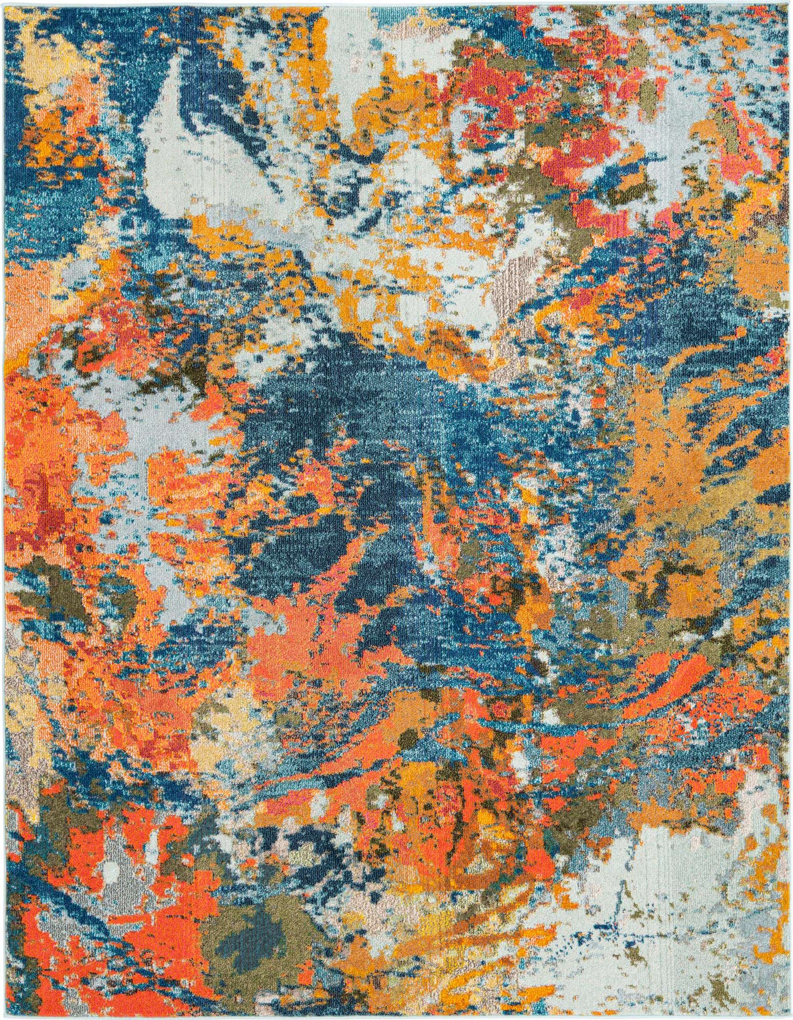 A vibrant 7' 10 x 7' 10 square rug with an abstract, multi-colored pattern featuring bold blues, oranges, and hints of white and gold.