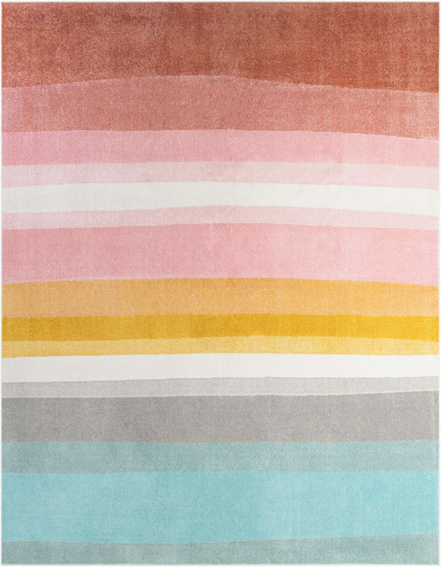 A square multi-colored modern stripe rug featuring horizontal bands of pink, yellow, white, grey, and teal.