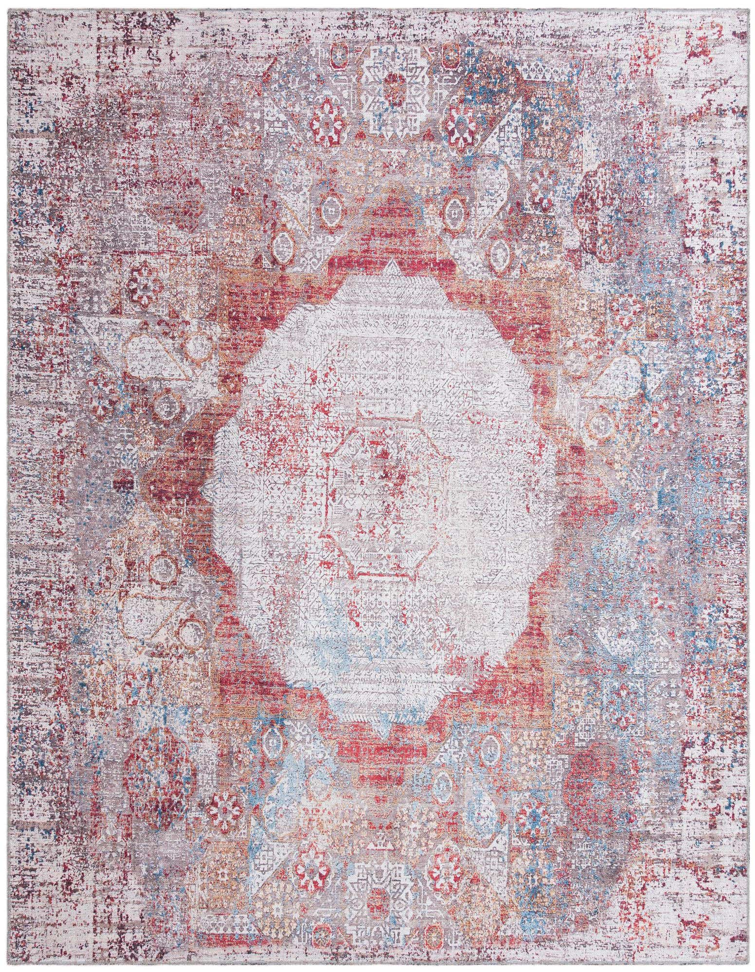 A multi-colored square rug featuring a faded traditional medallion pattern in shades of red, blue, and grey, suitable for an indoor living space.