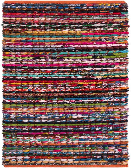 A vibrant, multi-colored Braided Chindi runner rug, handmade from recycled cotton, featuring horizontal stripes of varied patterns and textures.