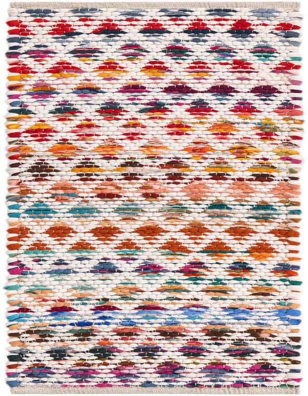 A close-up of a 1' 2 x 4' 1 multi-colored Braided Chindi runner rug with a textured, modern abstract pattern.
