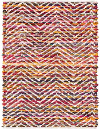 A vibrant multi-colored runner rug with a distinct chevron pattern, made from woven cotton fabric scraps, ideal for a hallway or kitchen.