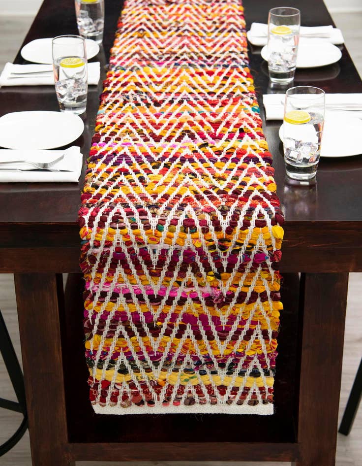 Detail image of  1' 2 x 8'  Hand Woven Chindi Chevron Table Runner Rug