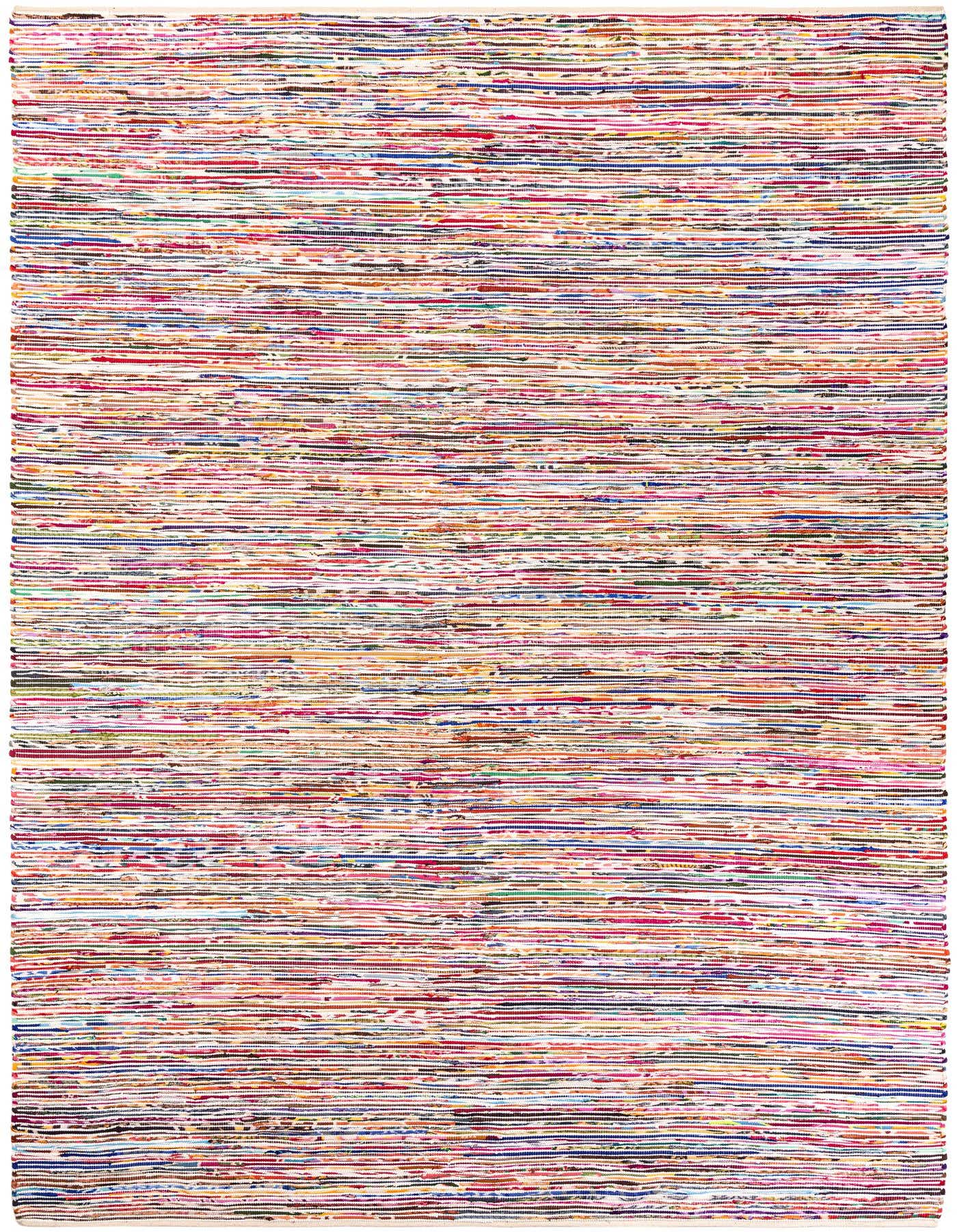 A 10x14 rectangular Chindi Cotton rug featuring a multi-colored stripe pattern with dominant whites, ideal for an eclectic indoor space.