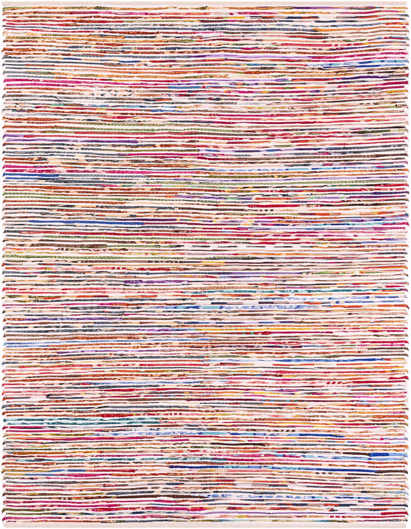 A 6x9 rectangular Chindi Cotton rug featuring a vibrant multi-colored striped pattern with white accents, ideal for a living room.