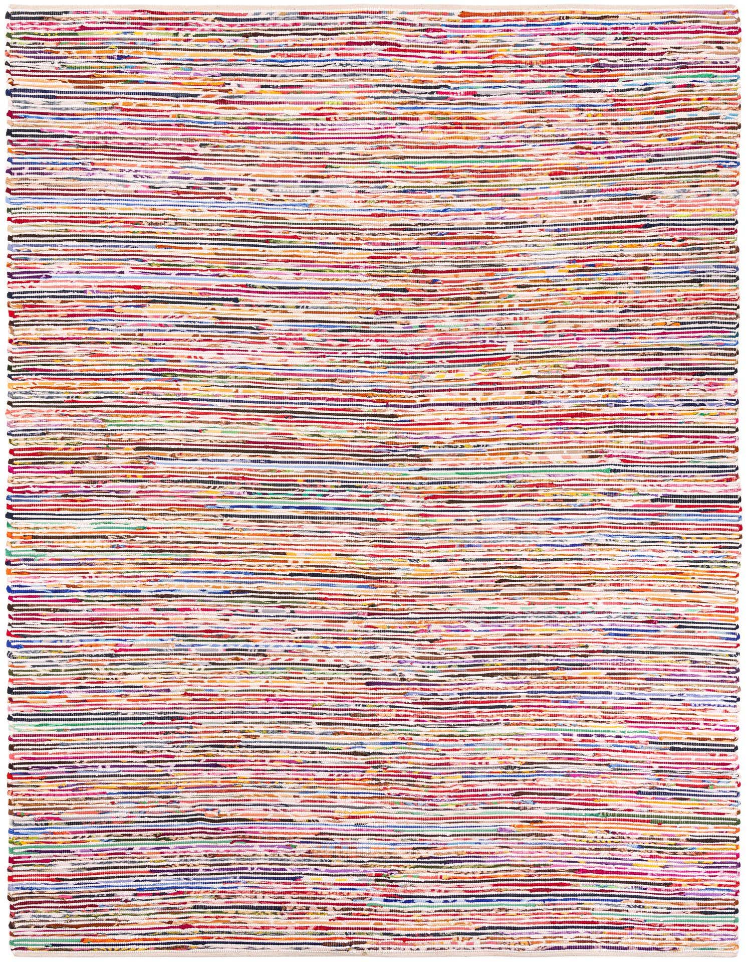 A 9x12 rectangular Chindi Cotton rug featuring a multi-colored striped pattern with prominent whites, perfect for a modern living room.