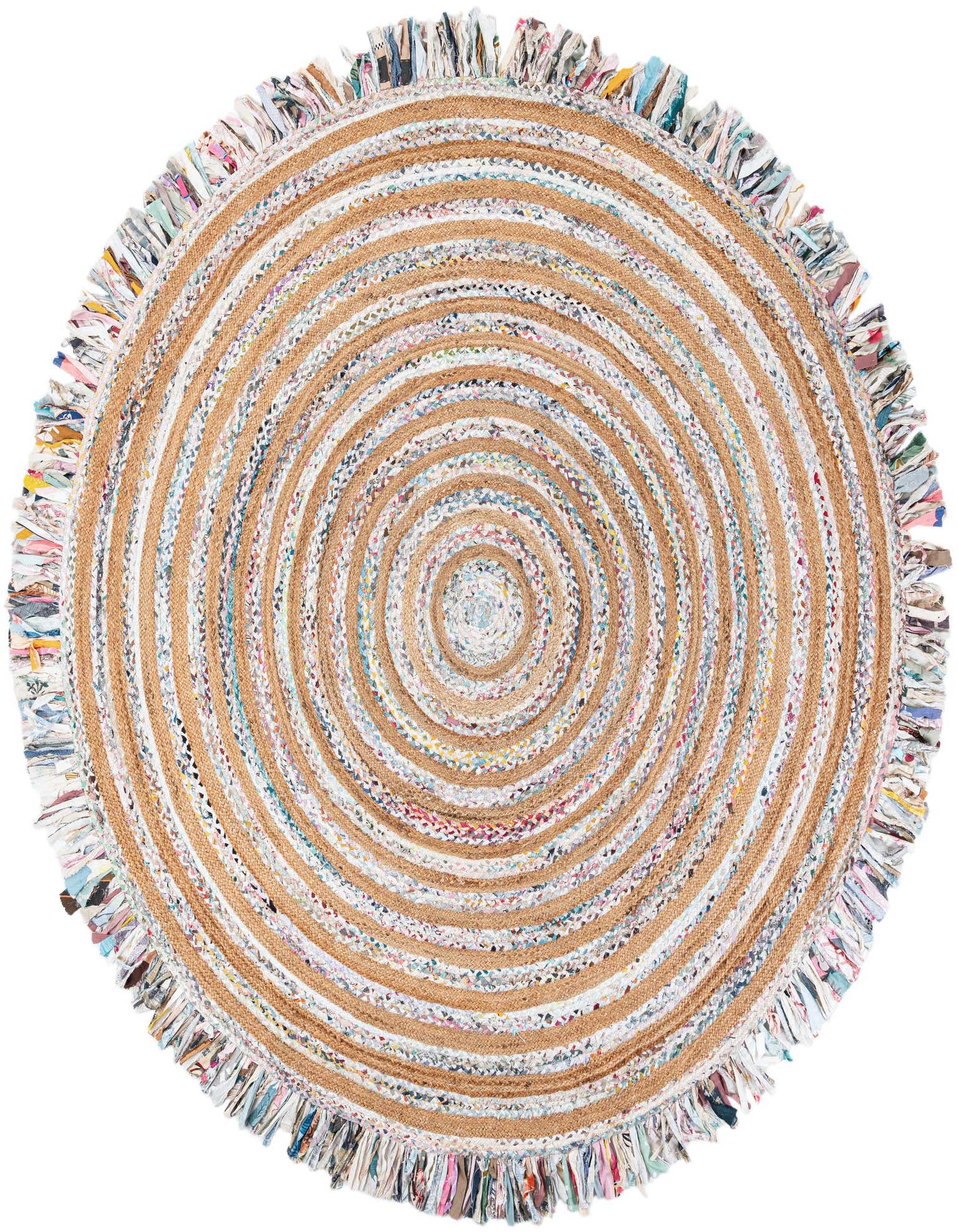 A 10-foot round Chindi Jute rug featuring concentric circles of natural jute and braided multi-colored recycled fabric strips with a fringed edge.