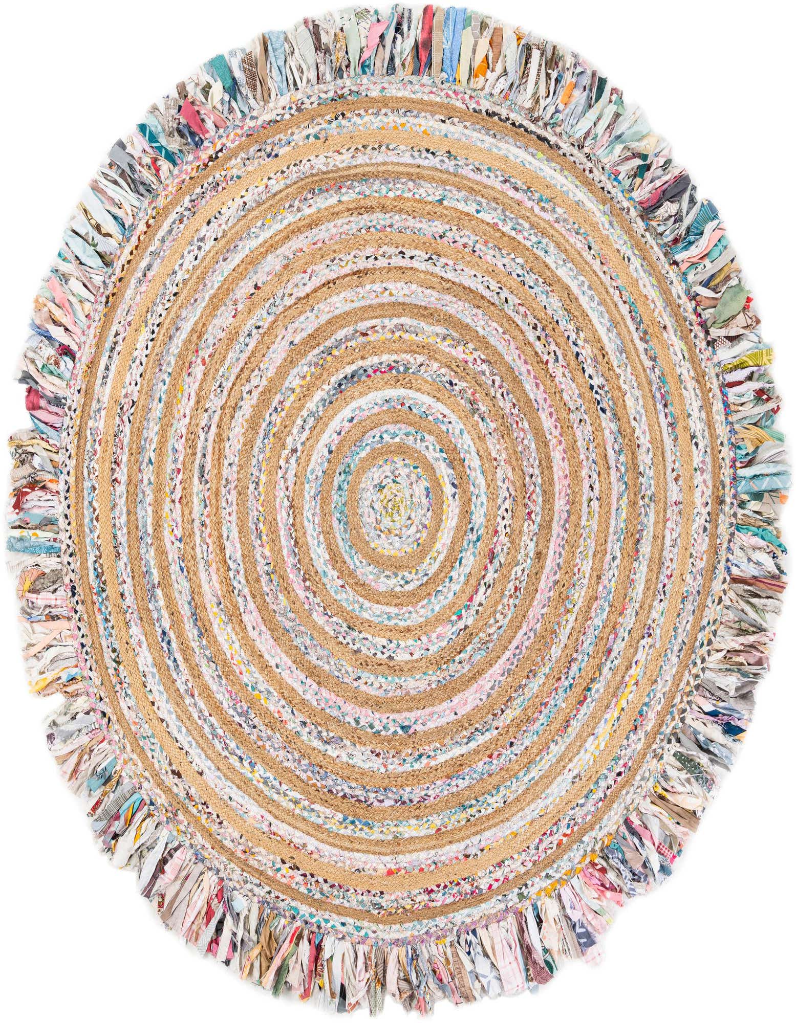 A 7' 10 x 7' 10 round multi-colored Chindi Jute rug with a textured, braided spiral pattern and fringed edges.