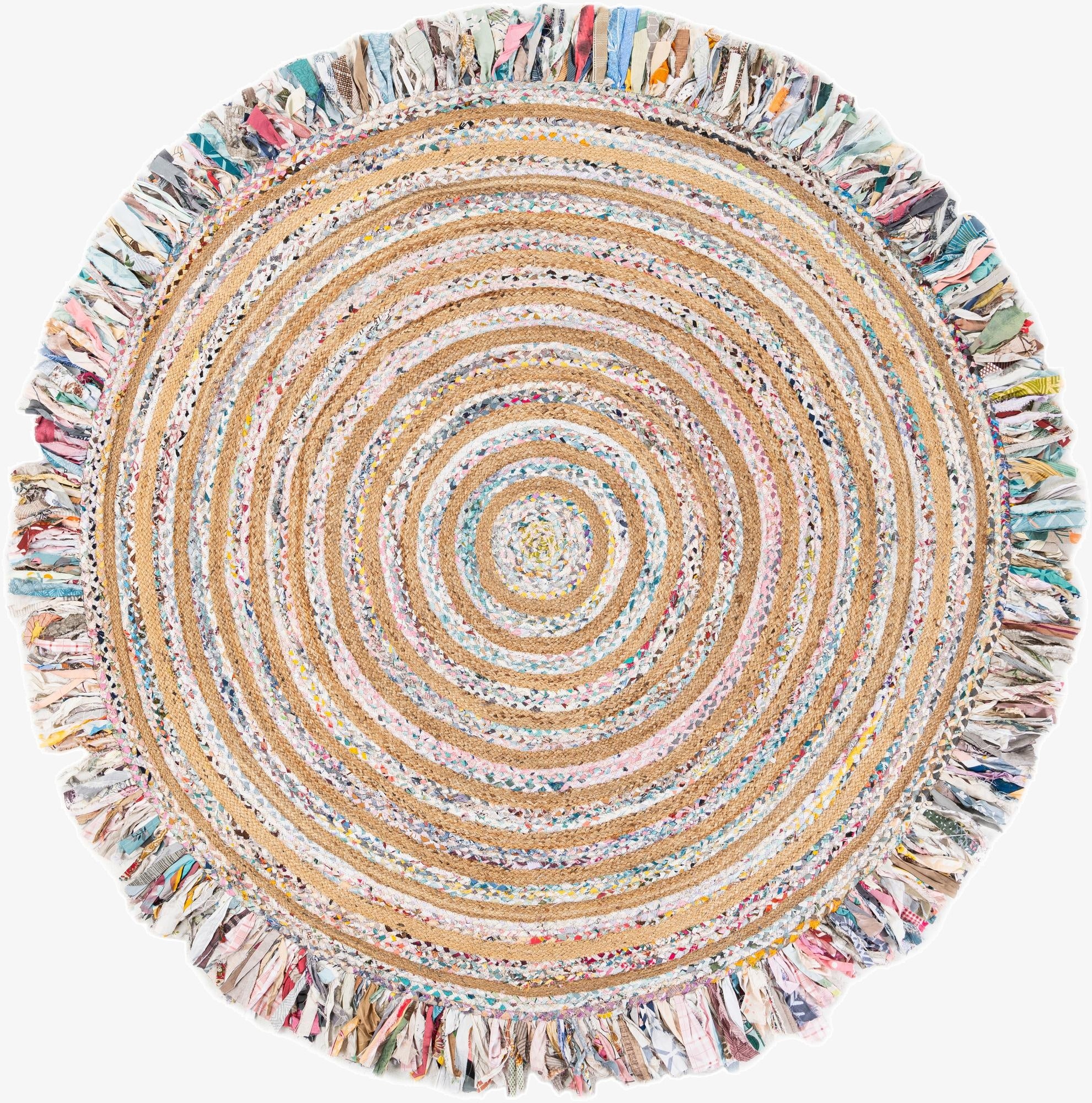  7' 10 x 7' 10  Hand Braided Chindi Jute Round Rug