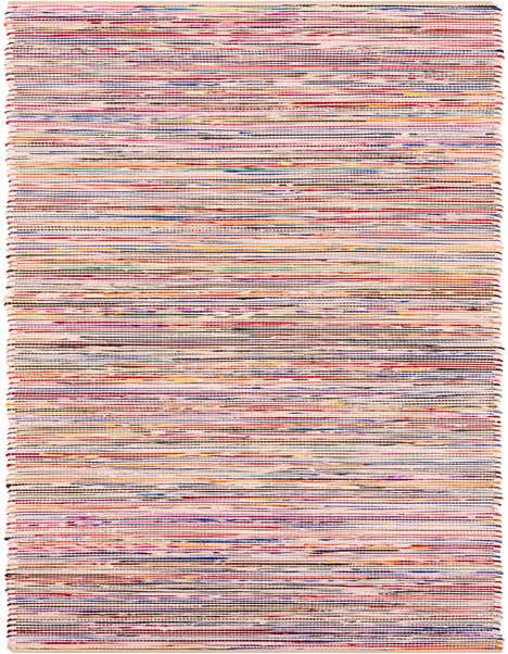 A 12 ft multi-colored Chindi Cotton runner rug with horizontal stripes, featuring vibrant hues and white accents, ideal for a hallway.