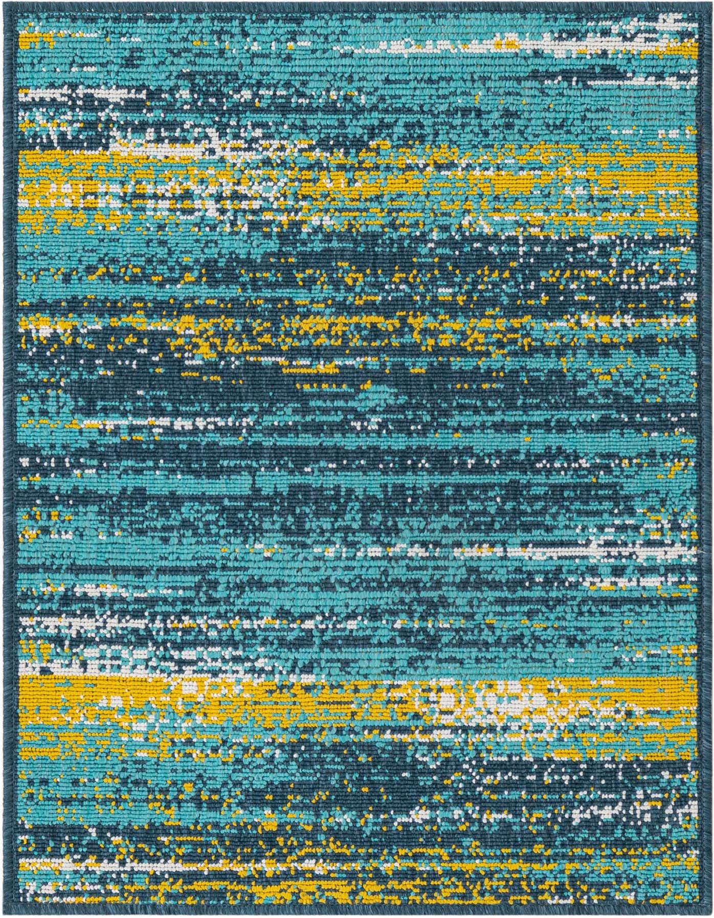 A 2x3 rectangular indoor/outdoor rug featuring horizontal stripes in varying shades of blue, yellow, and white, with a textured flatweave.