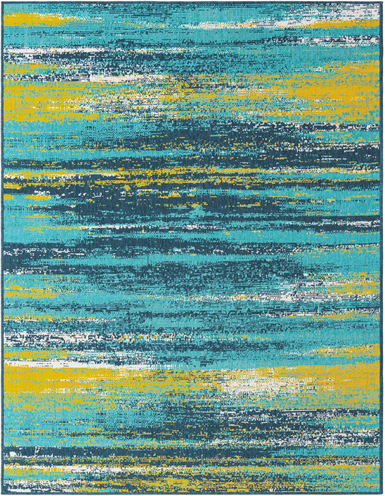 A 5x8 rectangular indoor/outdoor rug featuring a modern abstract pattern with horizontal brushstrokes in shades of blue, teal, yellow, and white.