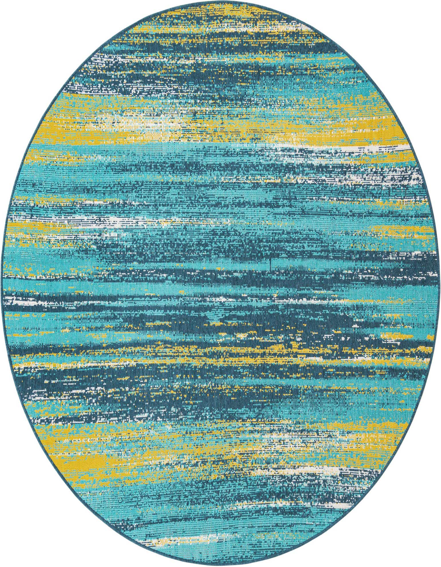A 7' round indoor/outdoor rug with a modern abstract pattern of horizontal stripes in shades of blue, teal, yellow, and white.