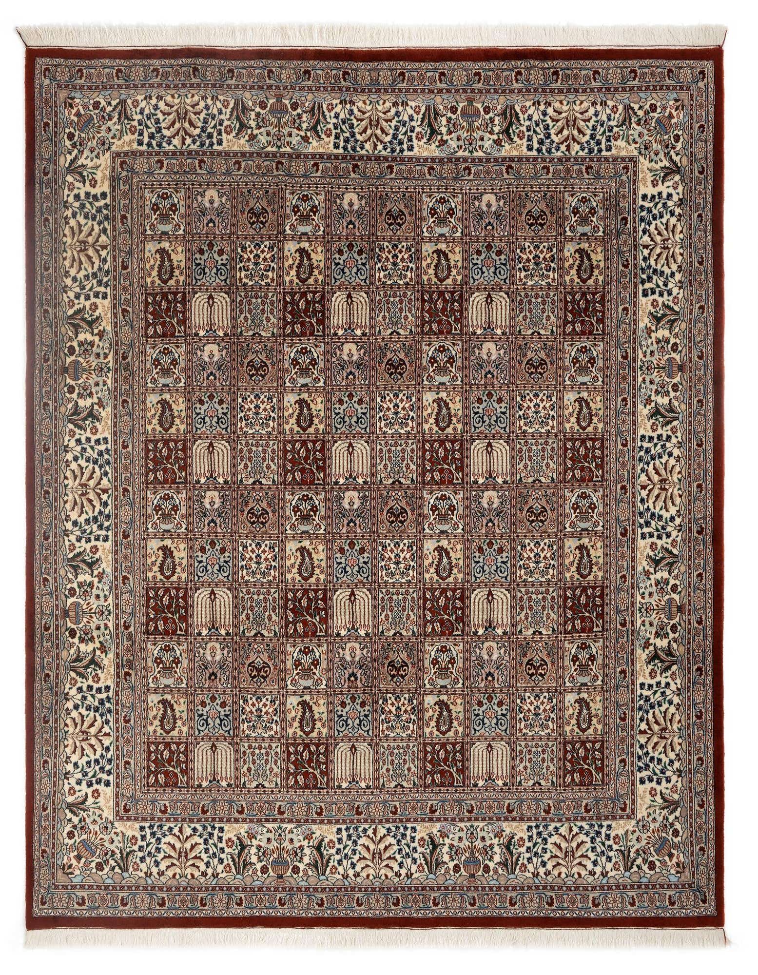 An 8x10 rectangular Indo Bachtiar Persian rug with a multicolor, intricate floral and medallion pattern on a cream and red background.