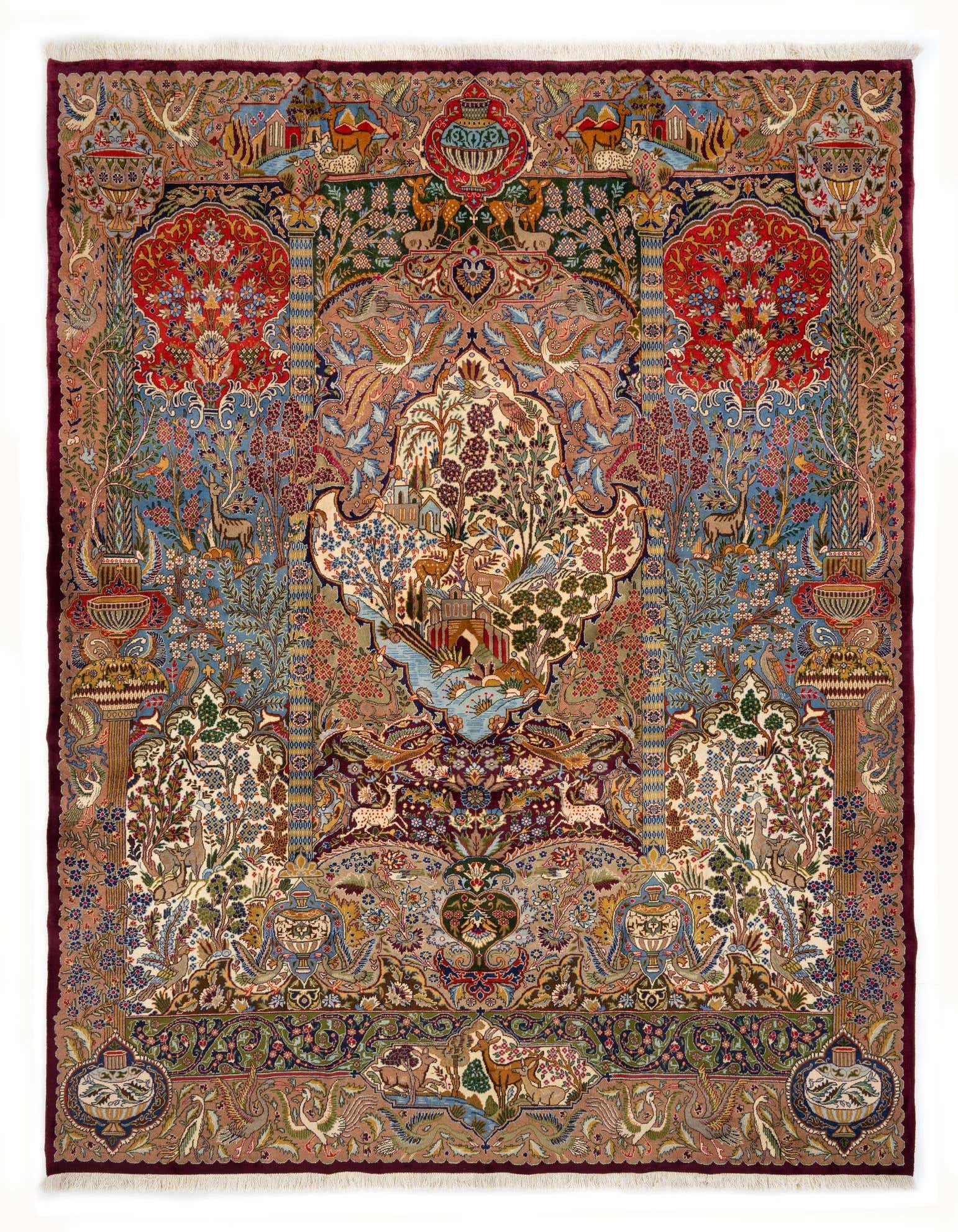 A large 10x13 rectangular Multicolor Persian rug with intricate floral, animal, and garden motifs, handmade from wool.