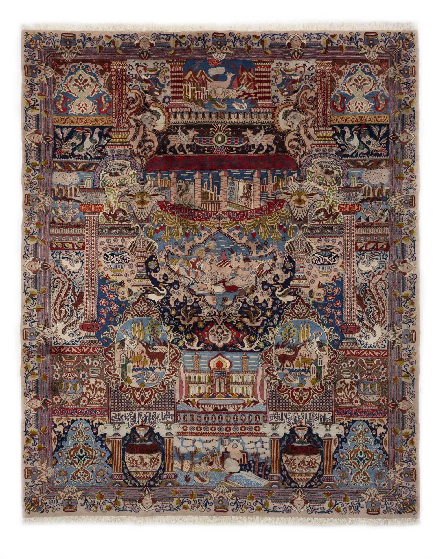 A large 10x13 rectangular Persian Kashmar rug with intricate multicolor patterns depicting scenes, animals, and architectural elements.