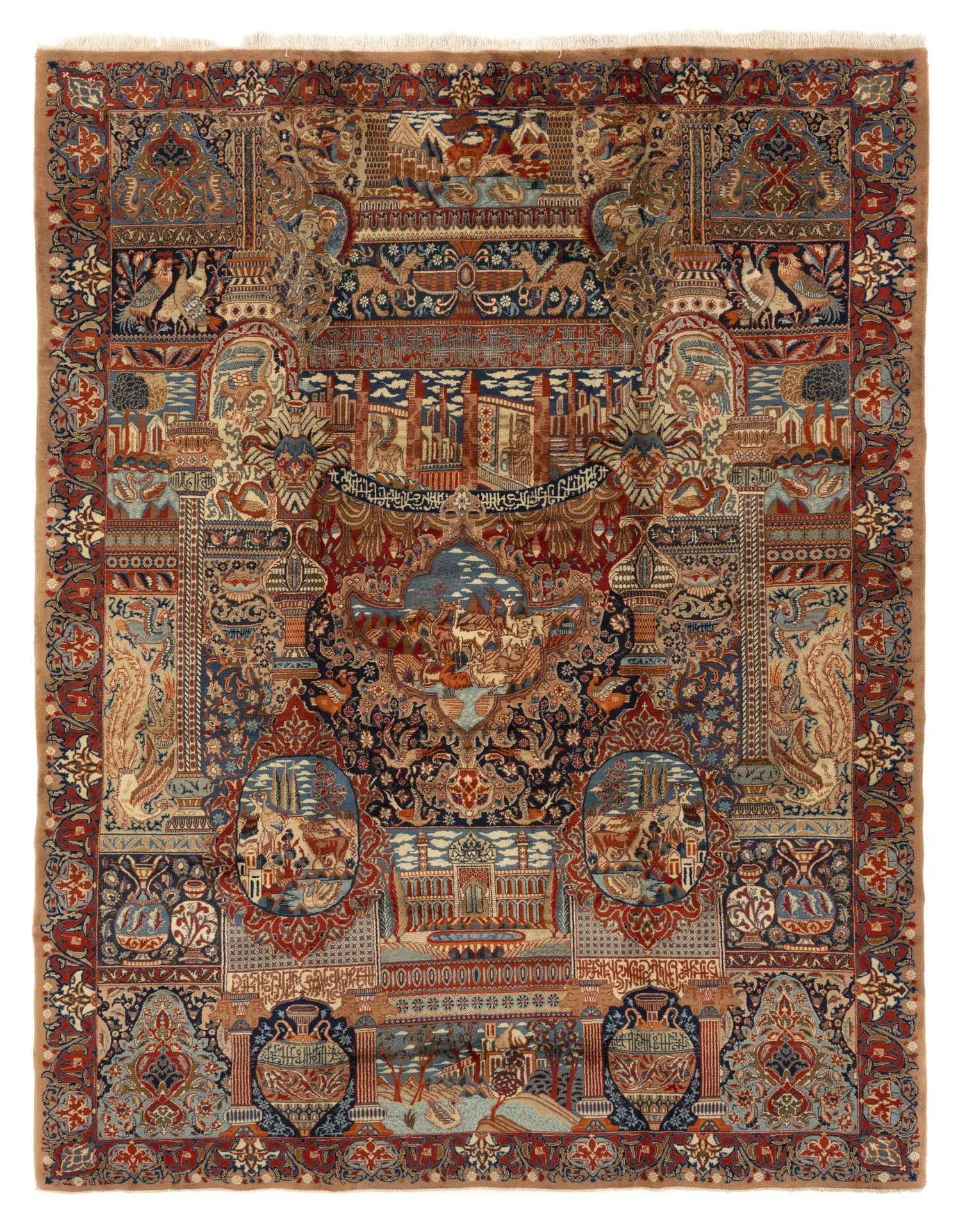A large 10x13 rectangular Multicolor Kashmar Persian wool rug with intricate traditional patterns and detailed scenes.