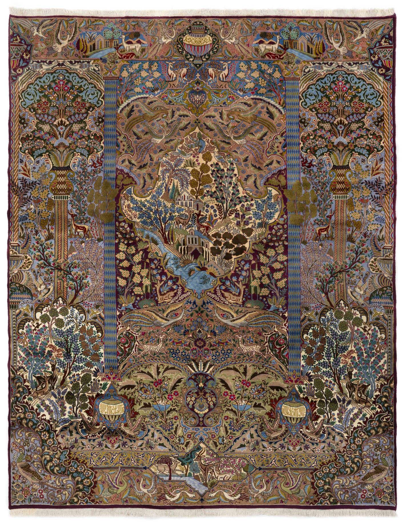 A large 10x13 rectangular multicolor Persian wool rug with a detailed garden and animal motif.