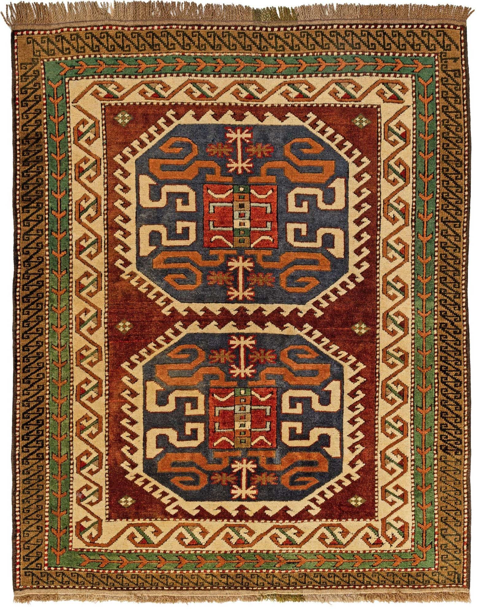 A 4x6 rectangular multicolor handmade wool rug featuring a traditional geometric pattern in red, blue, green, and beige.