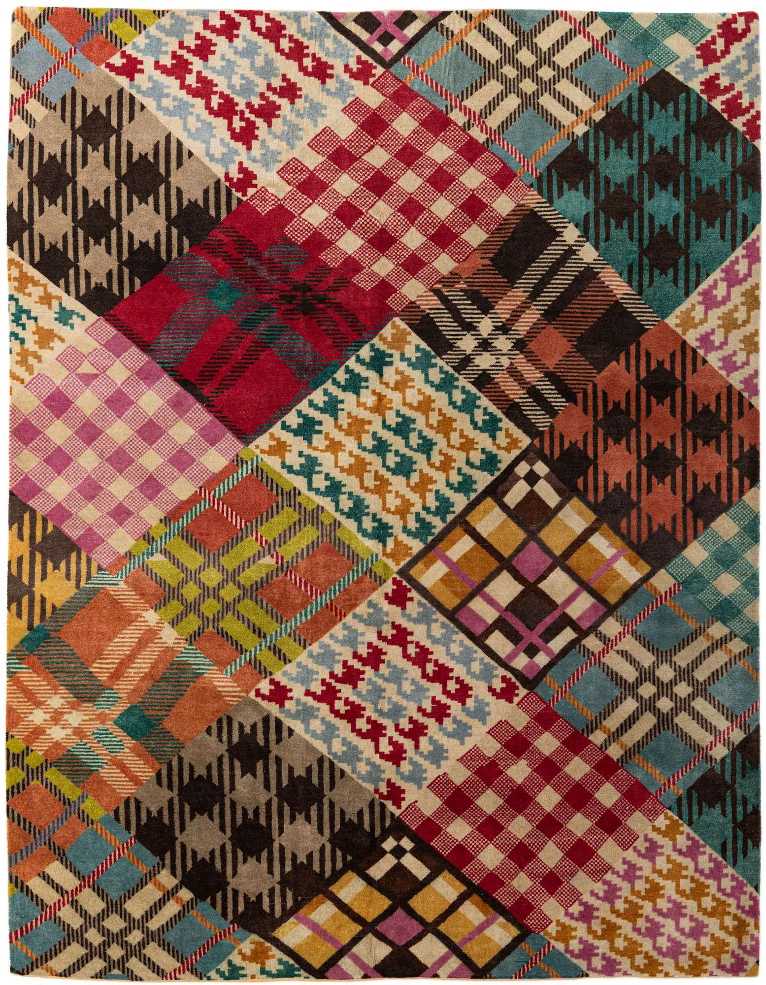 A vibrant 8x10 rectangular wool rug featuring a modern patchwork of diverse plaid, houndstooth, and geometric patterns in multicolor hues.